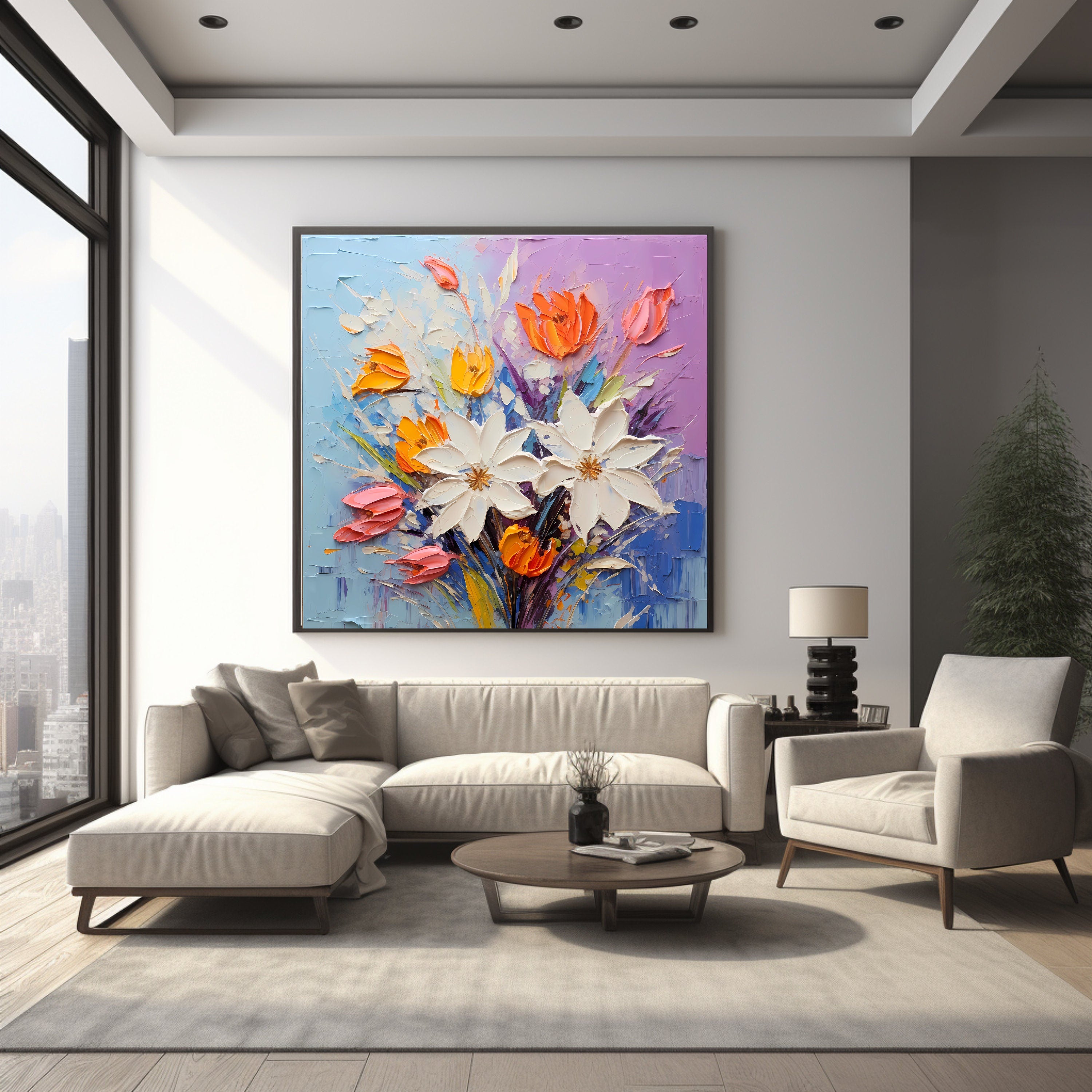 FOUR Coloured Floral Abstract Wall Art Instant Printable Digital Download Over The Bed Art Living Dining Room Artwork Affordable Square Art