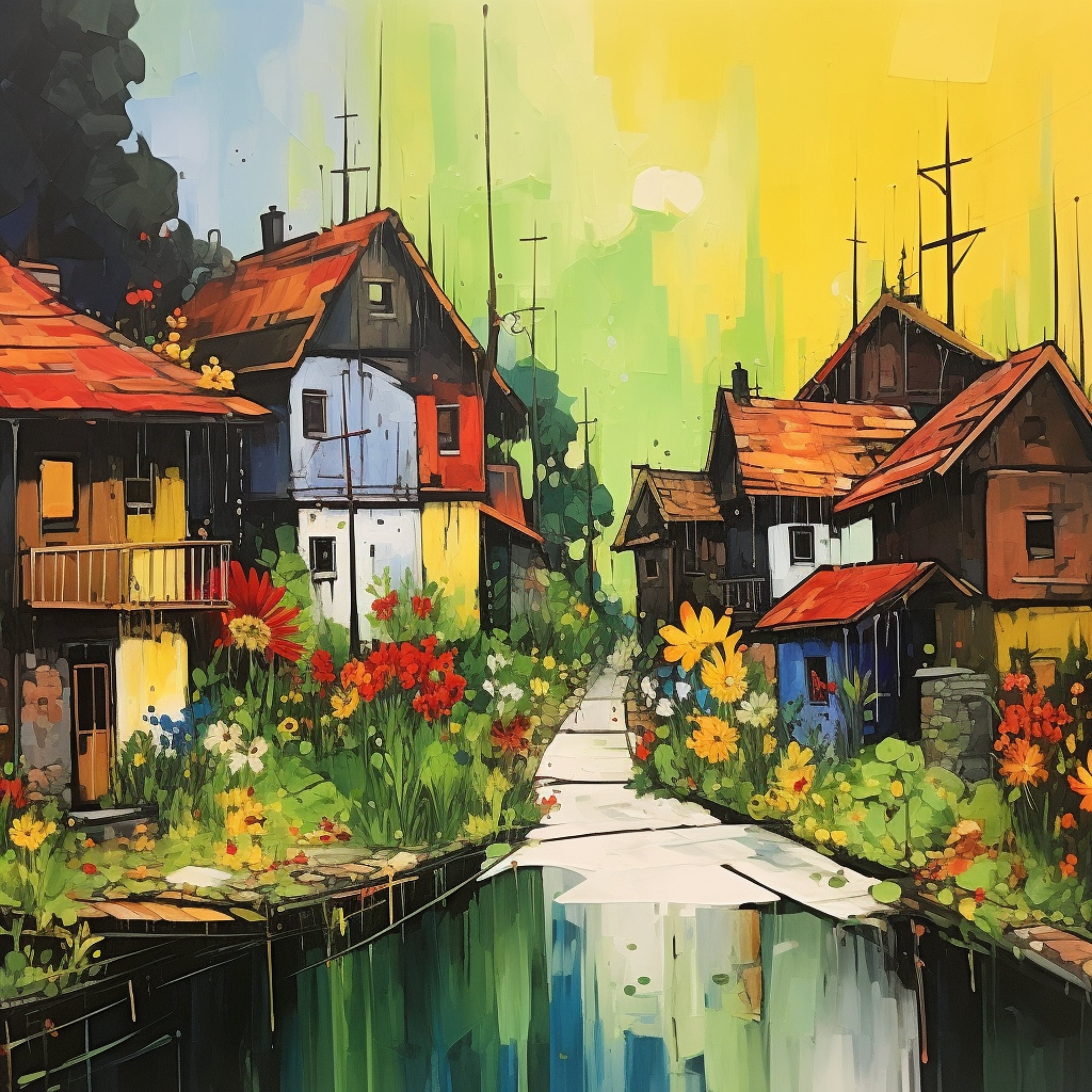 NINE Village Town Paintings Digital Prints Instant Printable Download Bold Primary Colours Wall Decor Living Room Artwork Over The Bed Art
