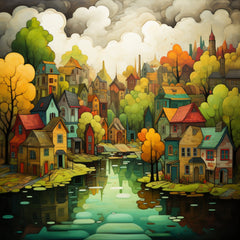 NINE Village Town Paintings Digital Prints Instant Printable Download Bold Primary Colours Wall Decor Living Room Artwork Over The Bed Art
