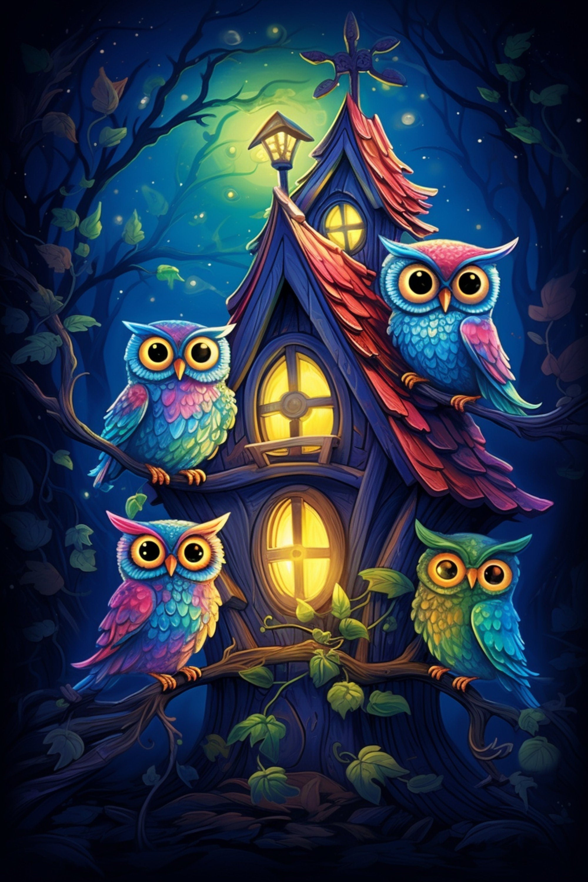 NINE Owls and Houses Childrens Illustrations Printable Affordable Digital Download Wall Art for Kids Room Nursery Home Decor