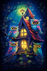 NINE Owls and Houses Childrens Illustrations Printable Affordable Digital Download Wall Art for Kids Room Nursery Home Decor