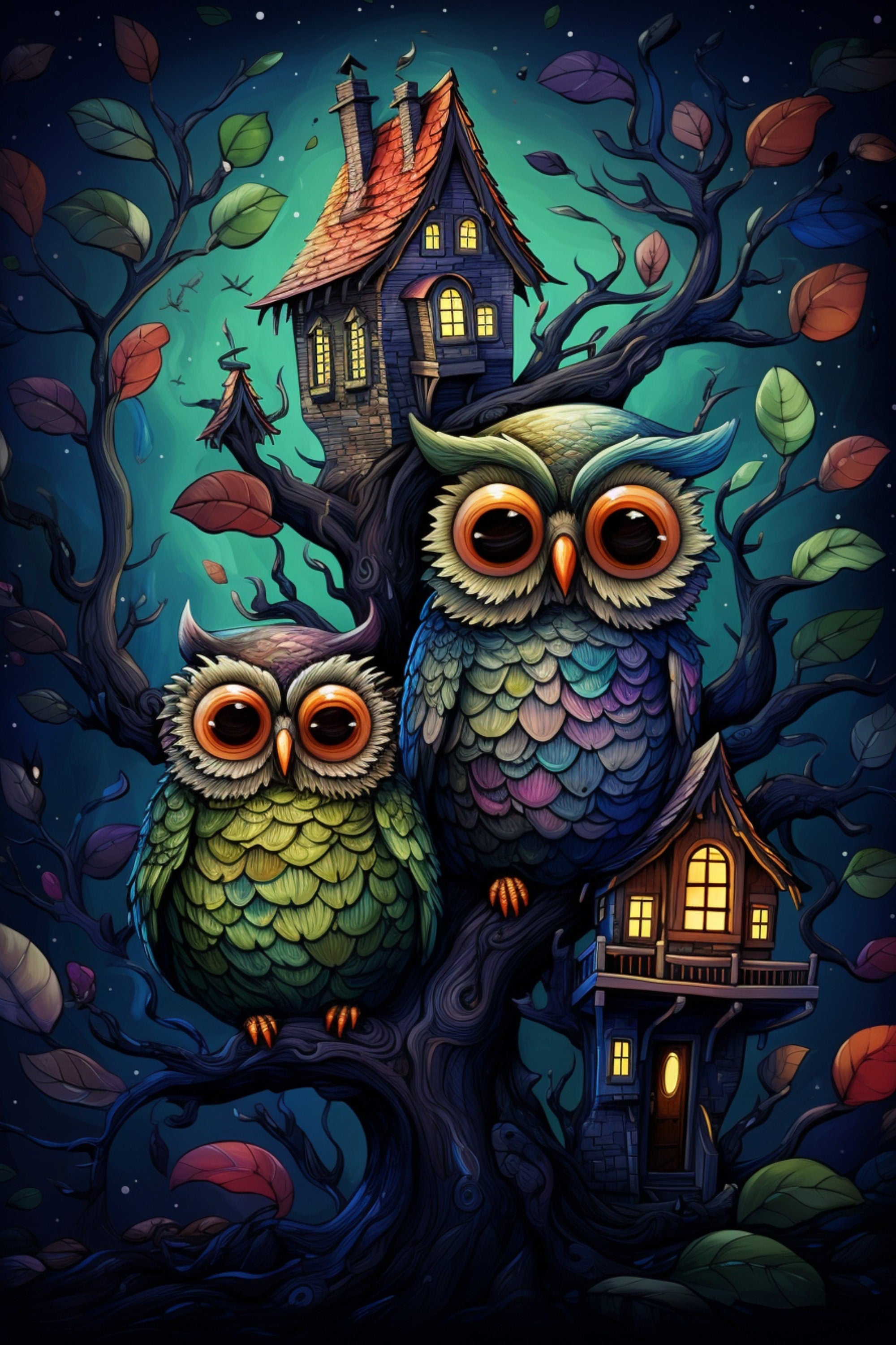 NINE Owls and Houses Childrens Illustrations Printable Affordable Digital Download Wall Art for Kids Room Nursery Home Decor