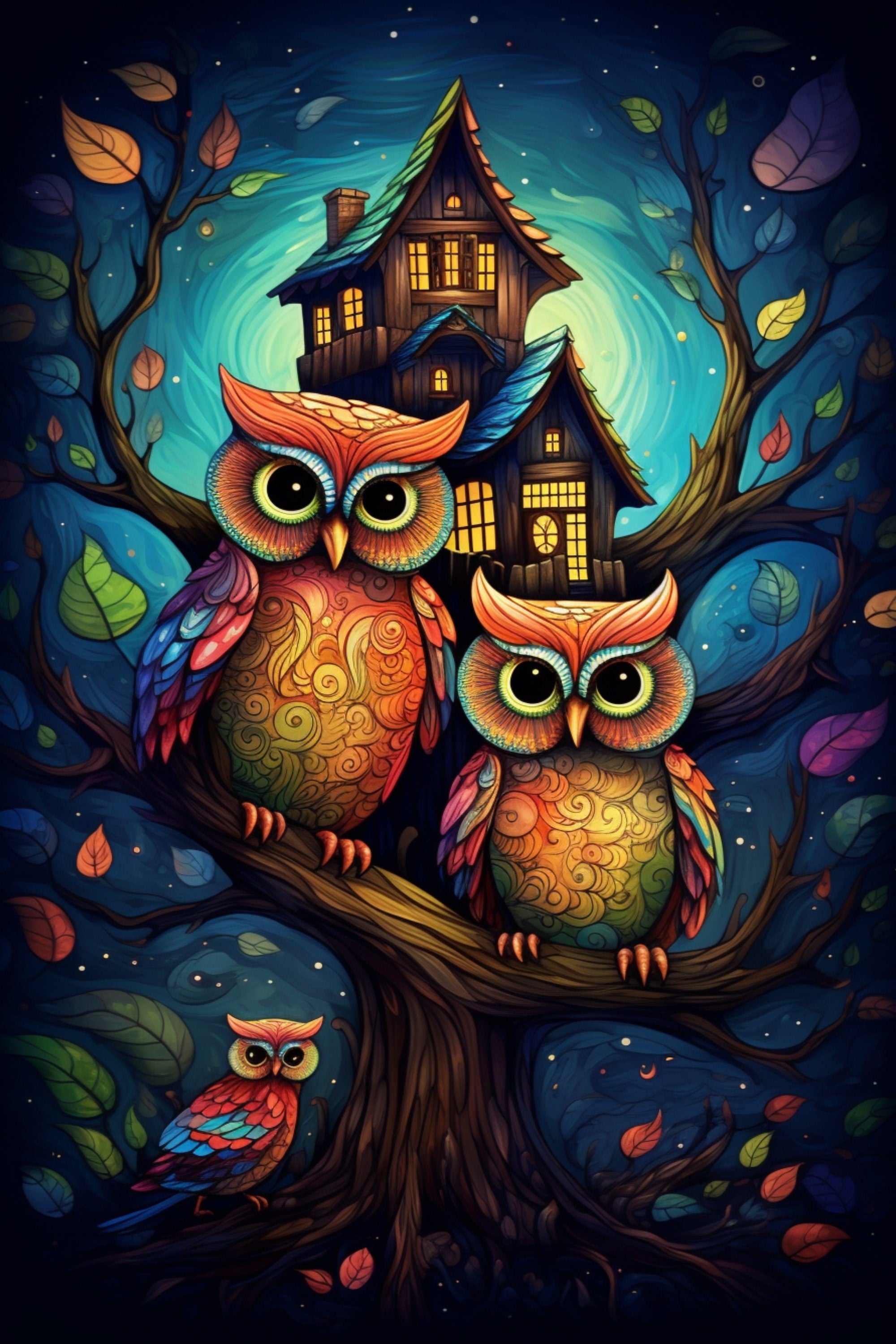 NINE Owls and Houses Childrens Illustrations Printable Affordable Digital Download Wall Art for Kids Room Nursery Home Decor