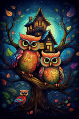 NINE Owls and Houses Childrens Illustrations Printable Affordable Digital Download Wall Art for Kids Room Nursery Home Decor