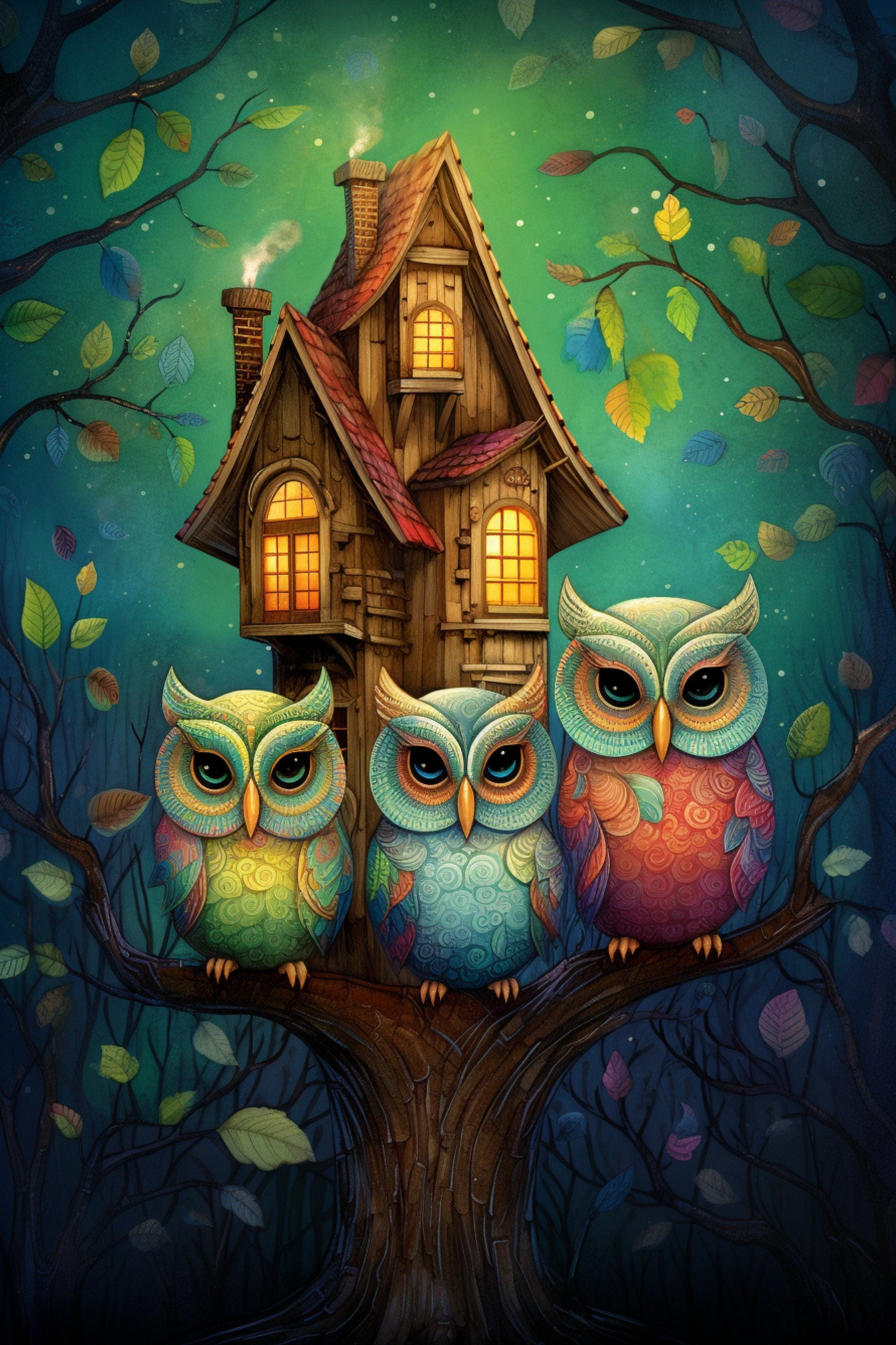 NINE Owls and Houses Childrens Illustrations Printable Affordable Digital Download Wall Art for Kids Room Nursery Home Decor
