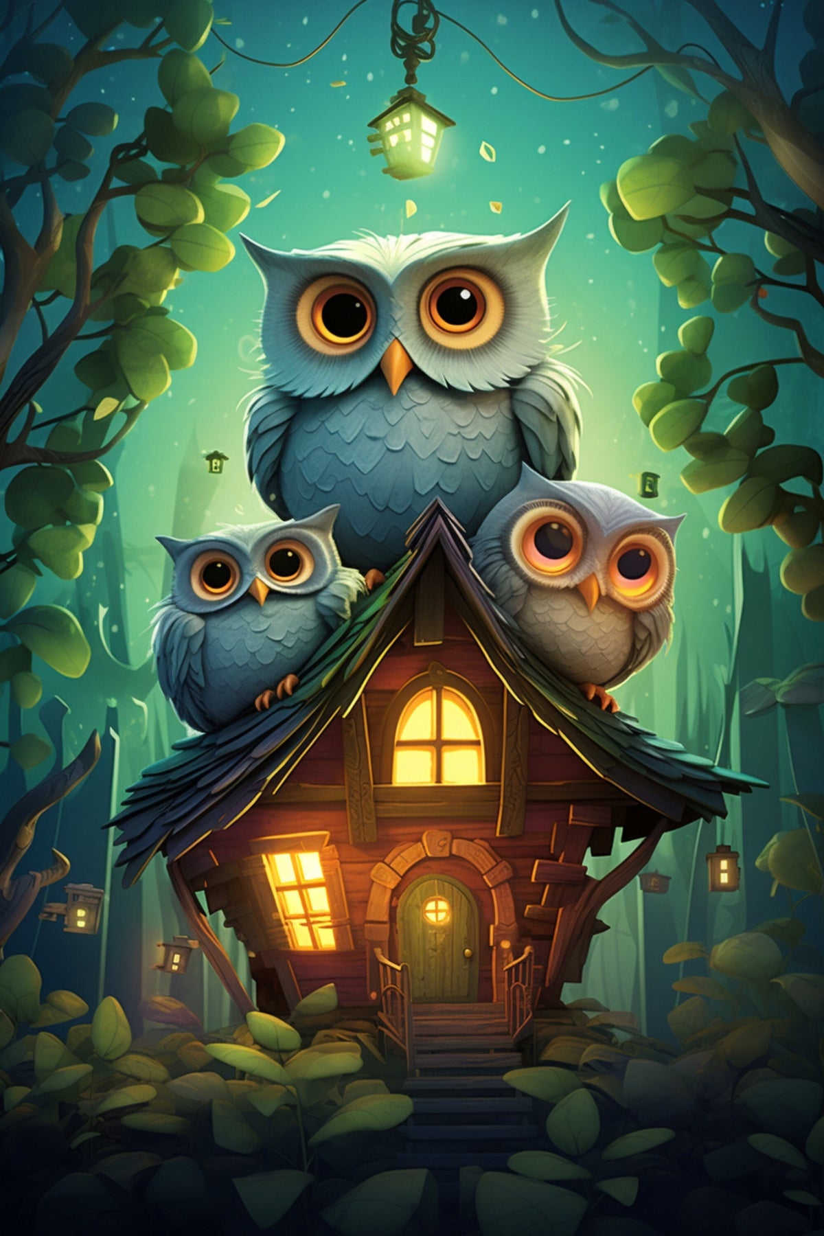 NINE Owls and Houses Childrens Illustrations Printable Affordable Digital Download Wall Art for Kids Room Nursery Home Decor