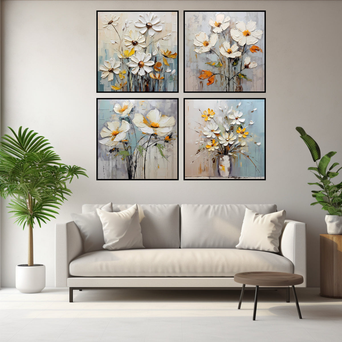 FOUR White Flowers Abstract Background Wall Decor Instant Printable Digital Download Home Decor Over The Bed Art Living Dining Room Art
