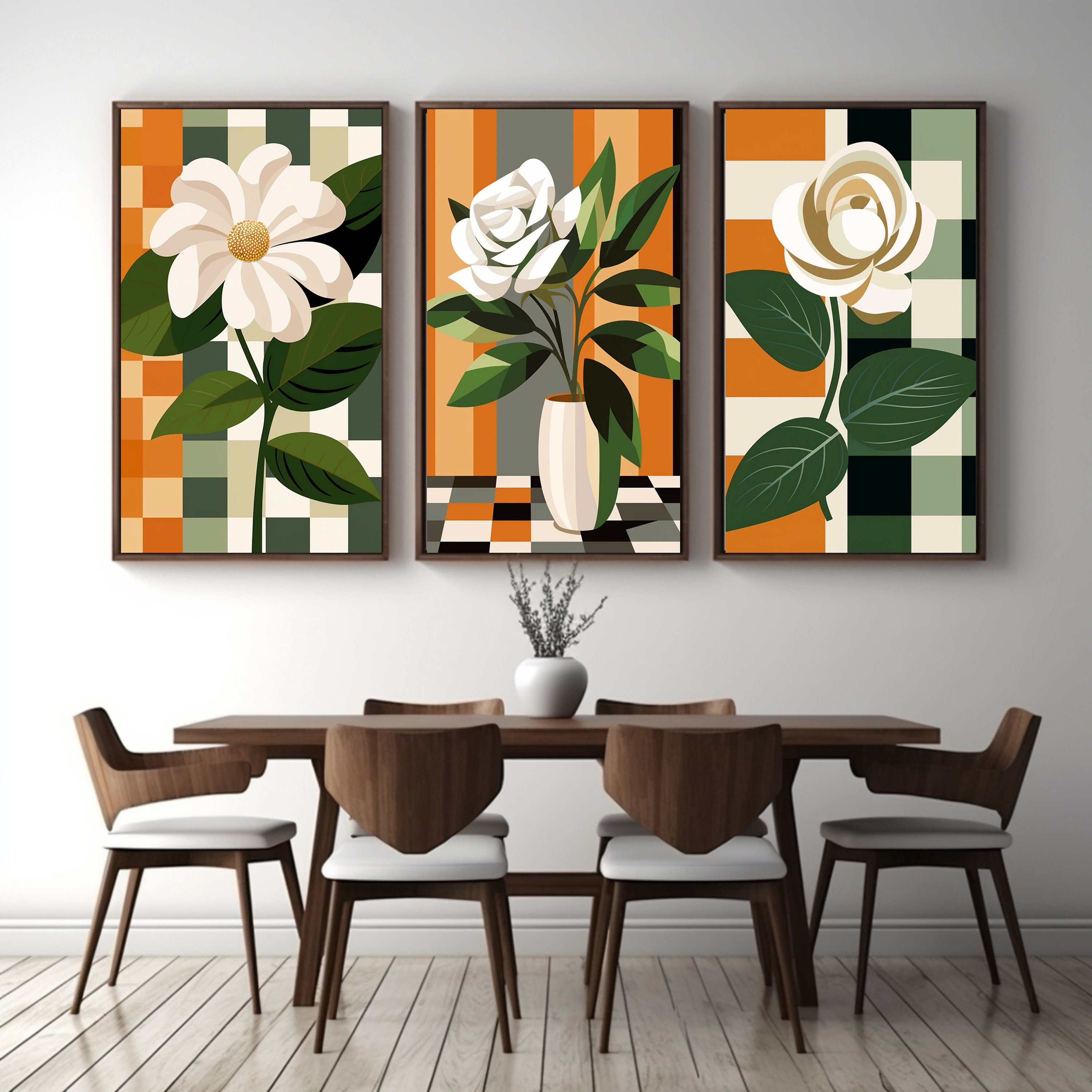 FOUR Geometric Background Daisy Flower Wall Art, Modern Floral Print, Abstract Home Decor, Botanical Illustration Poster, Digital Download