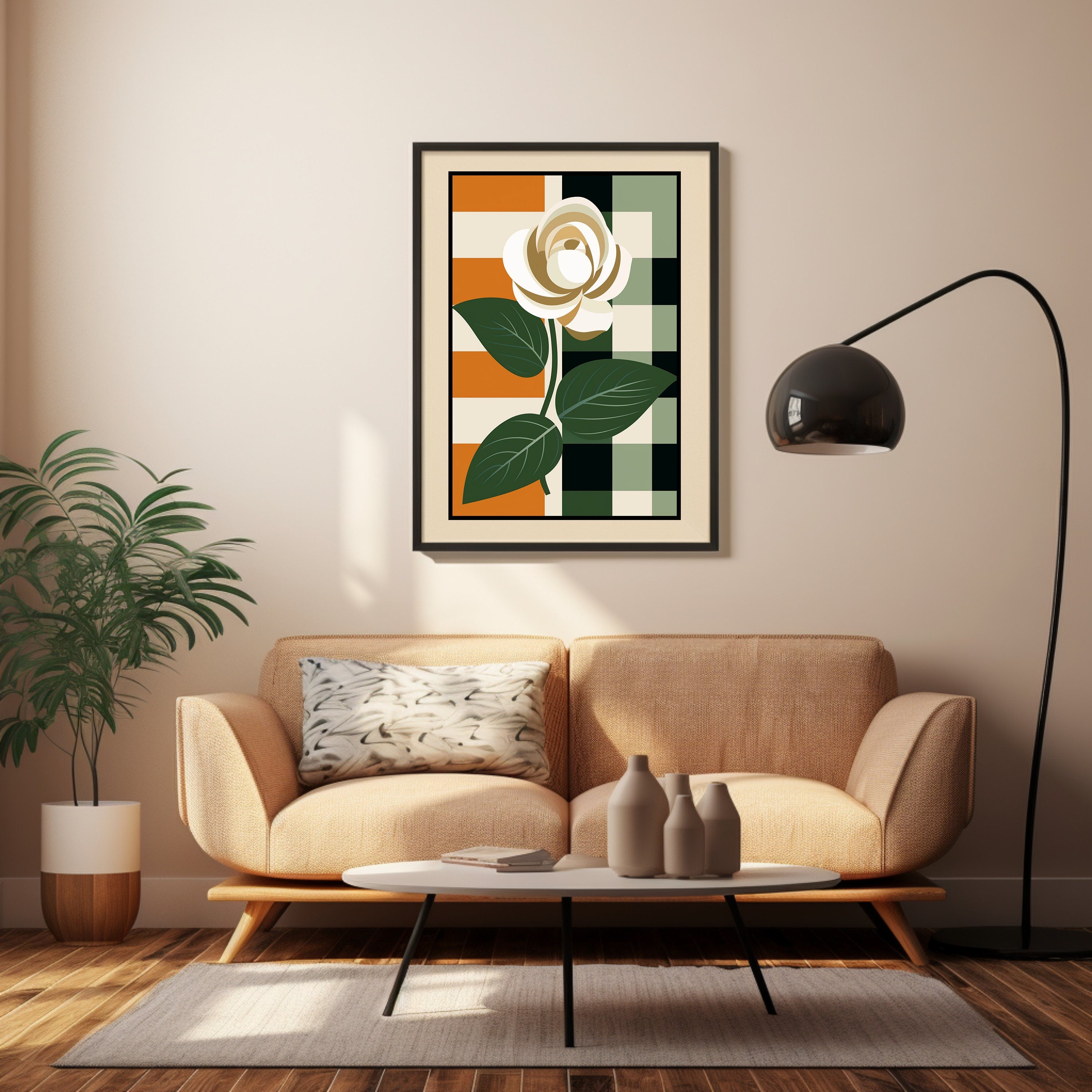 FOUR Geometric Background Daisy Flower Wall Art, Modern Floral Print, Abstract Home Decor, Botanical Illustration Poster, Digital Download