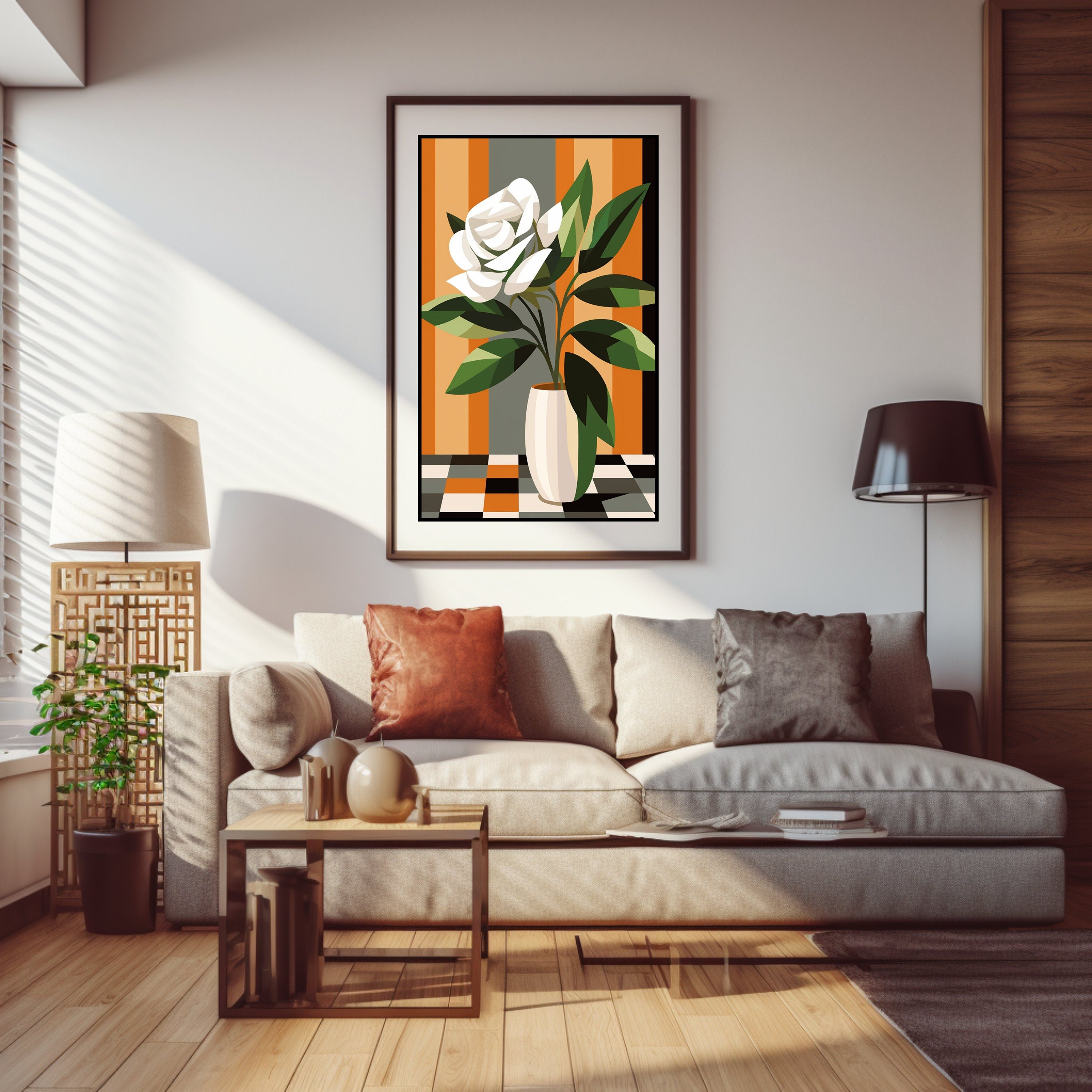 FOUR Geometric Background Daisy Flower Wall Art, Modern Floral Print, Abstract Home Decor, Botanical Illustration Poster, Digital Download