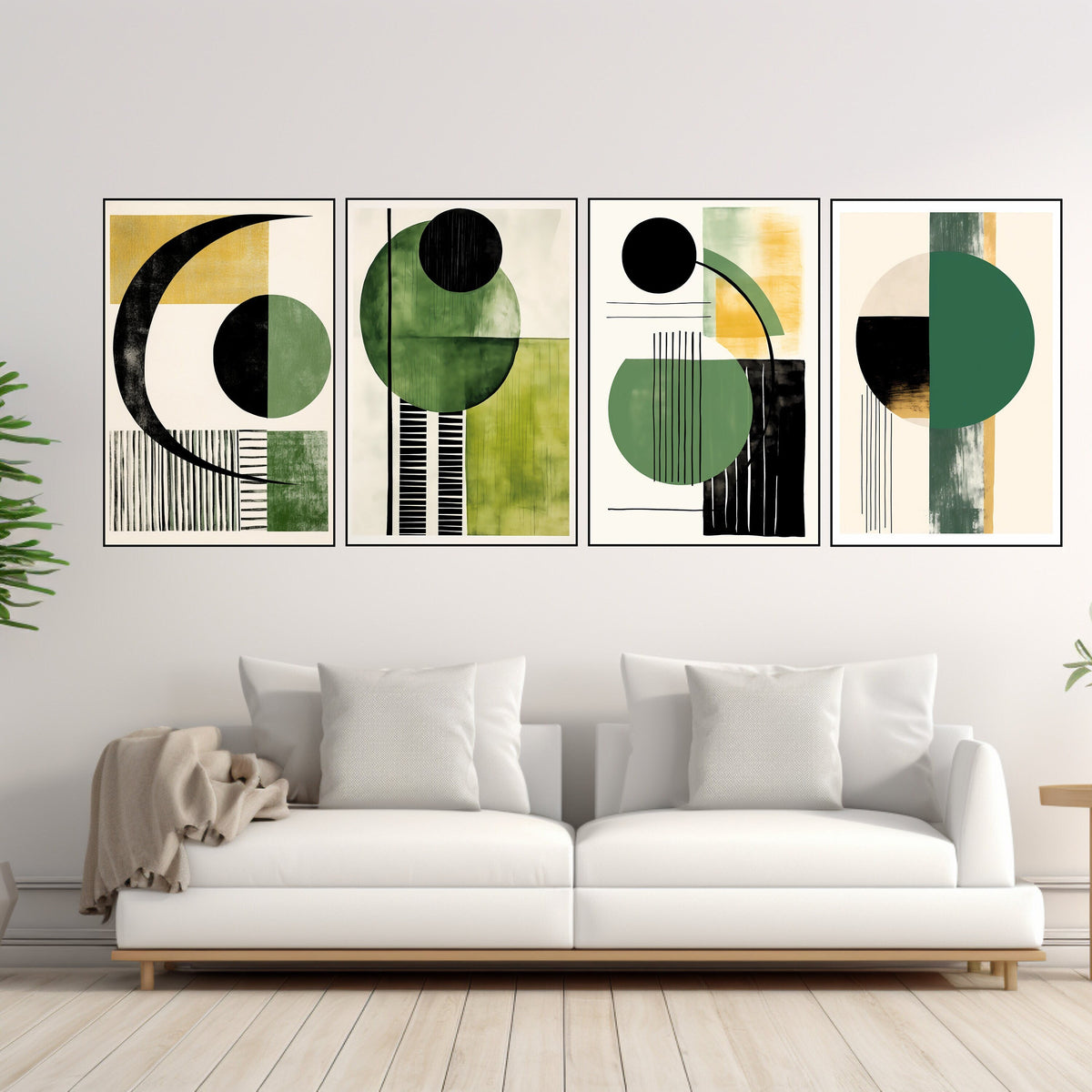 FOUR Abstract Geometric Wall Art Print, Modern Home Decor, Minimalistic Black Green Artwork, Large Poster, Digital Download