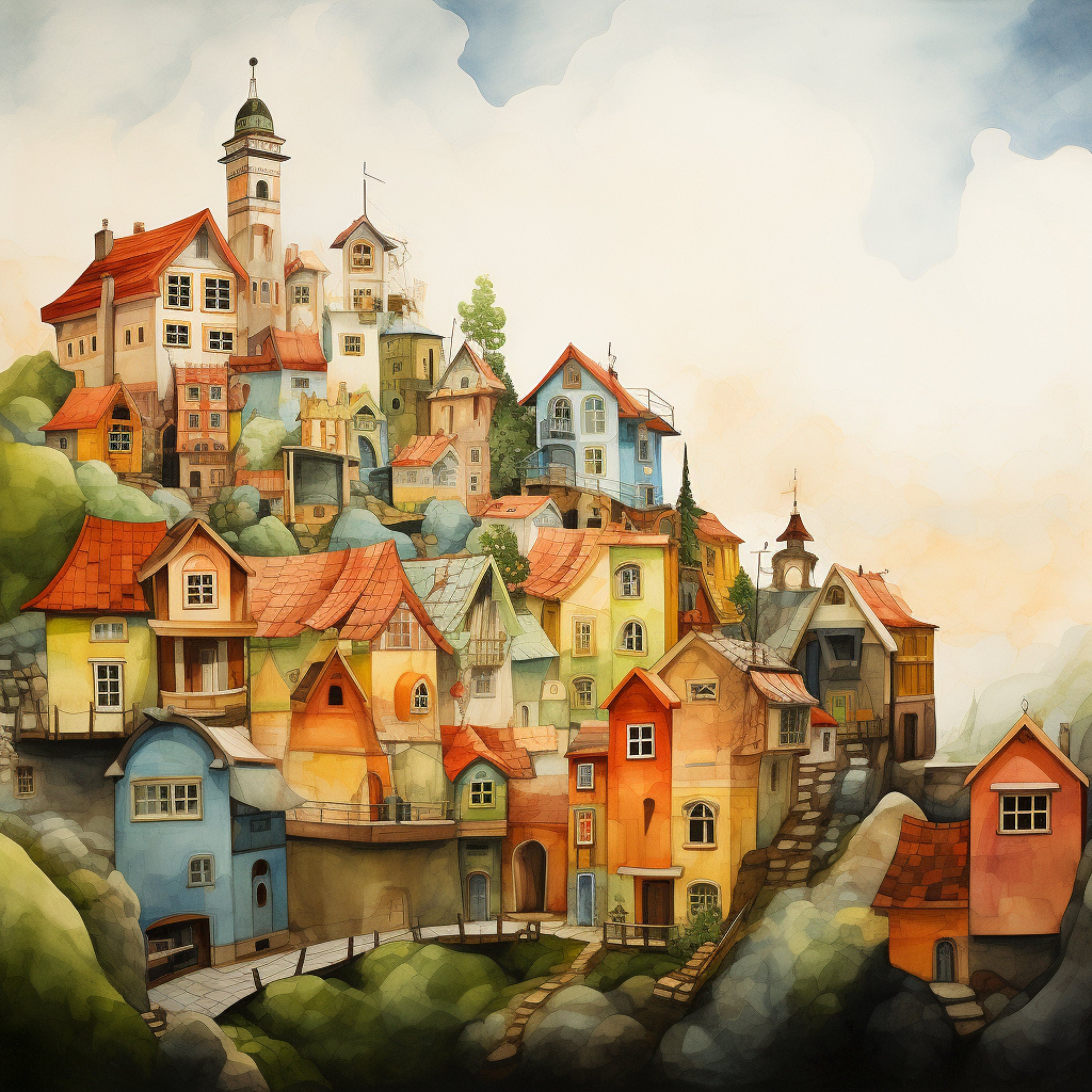 NINE Village Town Paintings Digital Prints Instant Printable Download Bold Primary Colours Wall Decor Living Room Artwork Over The Bed Art