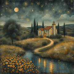 TWELVE Moonlit Landscape Painting, Starry Night Sky Wall Art, Rustic Home Decor, Fantasy Nature Scene, Digital Download Prints