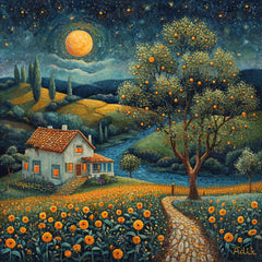 TWELVE Moonlit Landscape Painting, Starry Night Sky Wall Art, Rustic Home Decor, Fantasy Nature Scene, Digital Download Prints