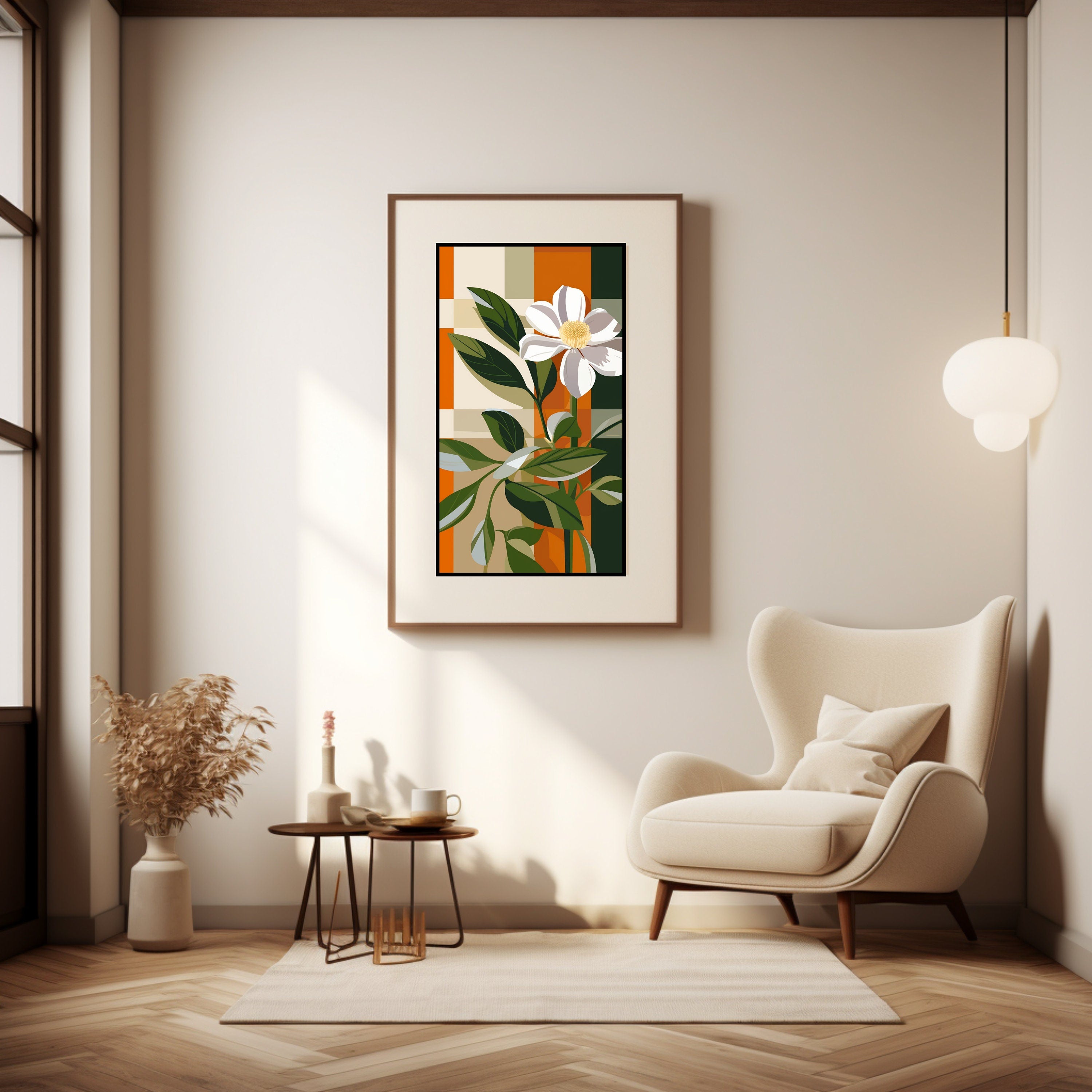FOUR Geometric Background Daisy Flower Wall Art, Modern Floral Print, Abstract Home Decor, Botanical Illustration Poster, Digital Download