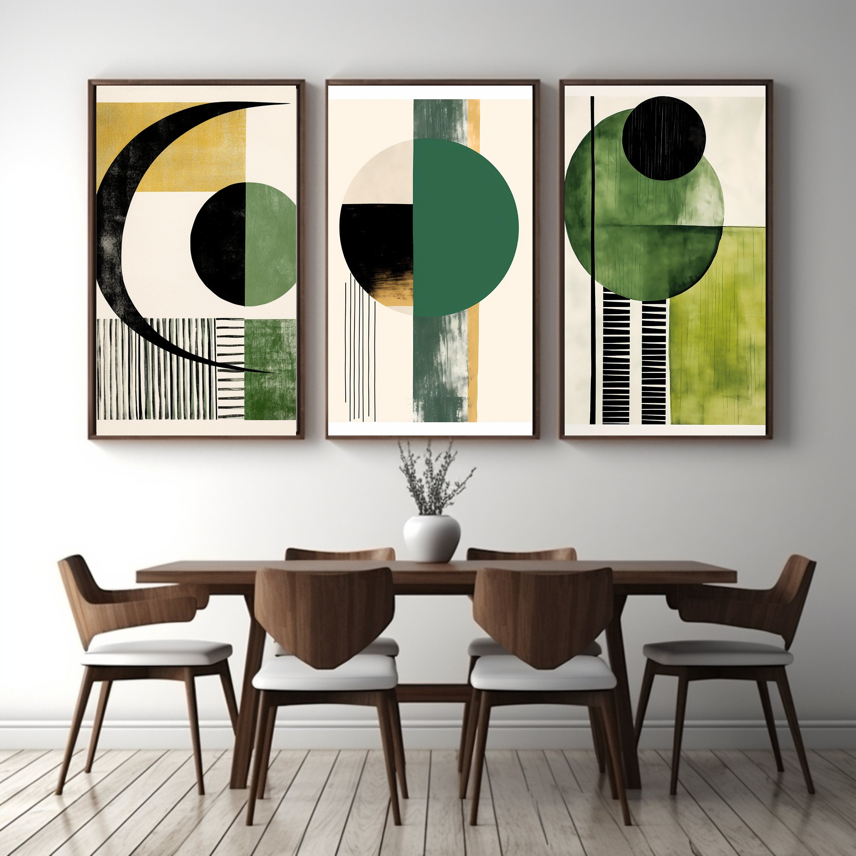 FOUR Abstract Geometric Wall Art Print, Modern Home Decor, Minimalistic Black Green Artwork, Large Poster, Digital Download