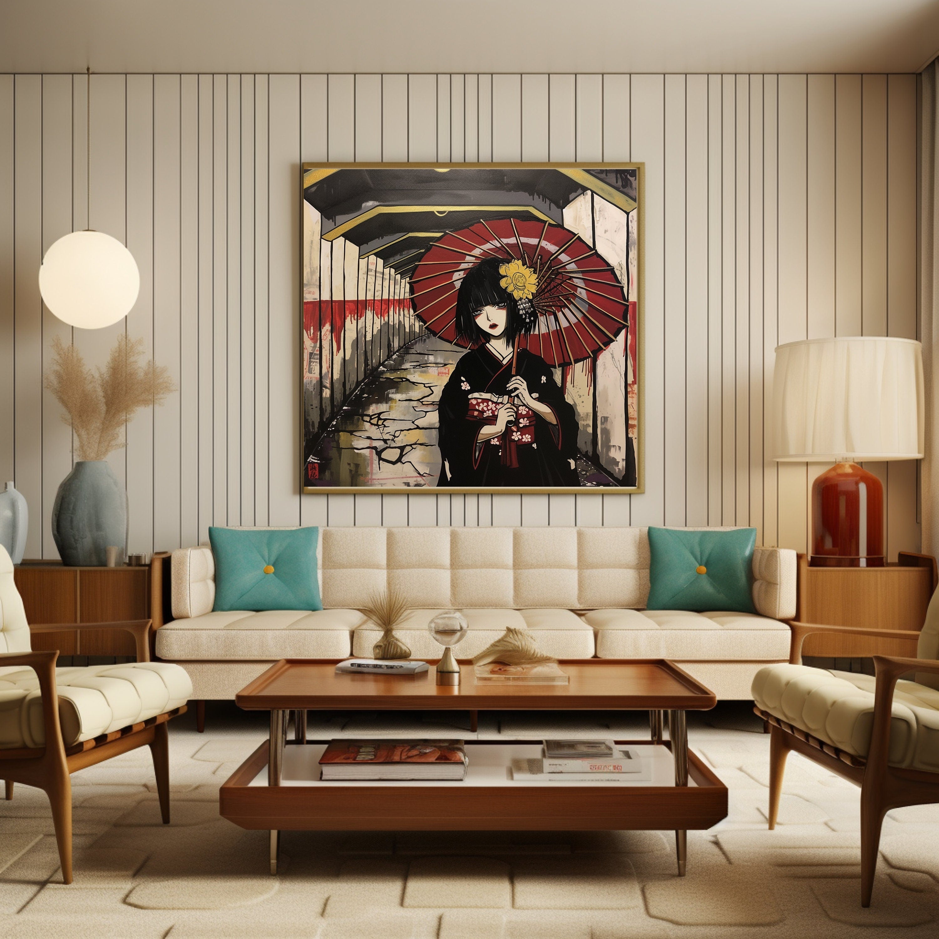 Japanese Geisha Art Digital Print, Modern Anime Wall Decor, Urban Street Artwork with Red Umbrella, Cultural Canvas Print, Unique Home Decor