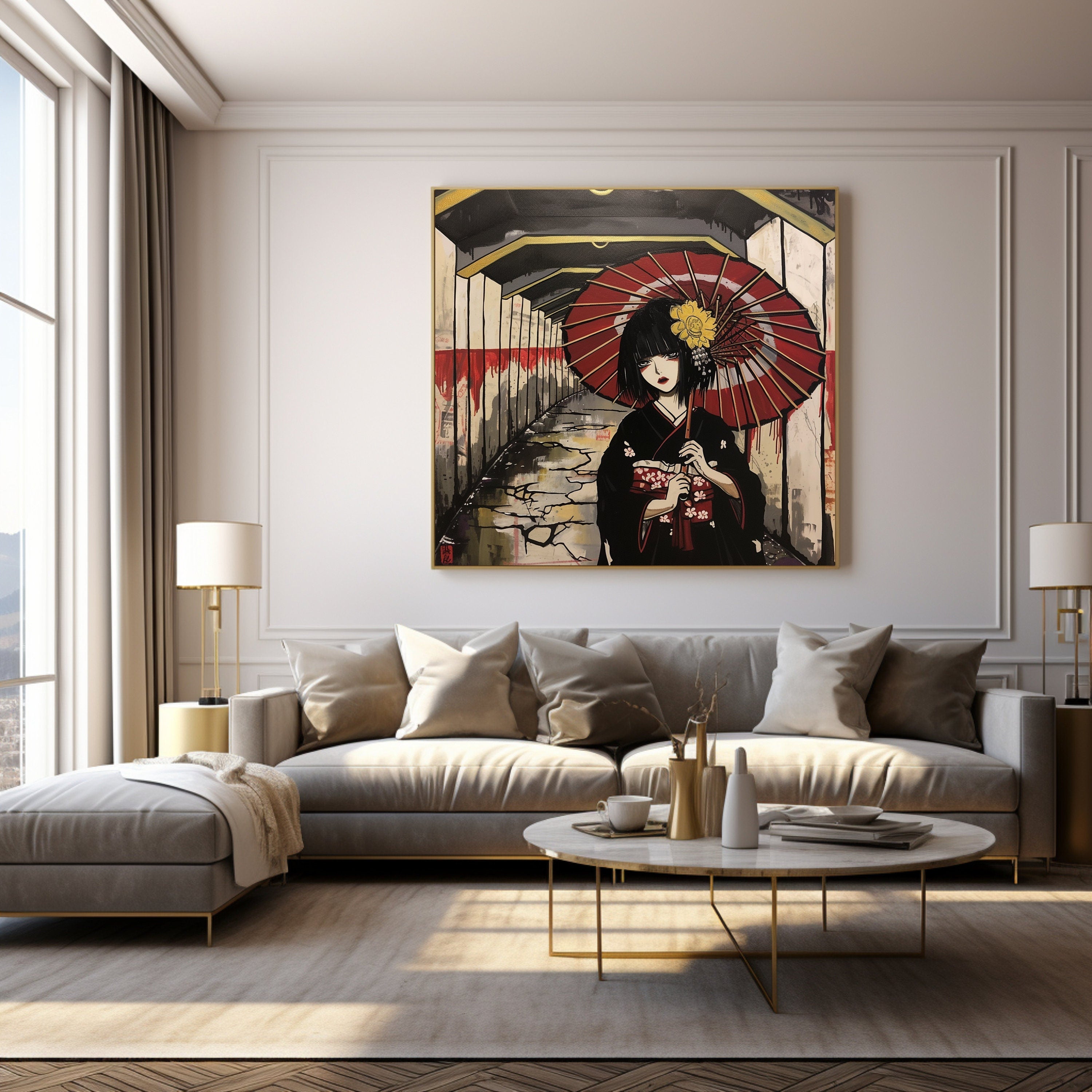 Japanese Geisha Art Digital Print, Modern Anime Wall Decor, Urban Street Artwork with Red Umbrella, Cultural Canvas Print, Unique Home Decor