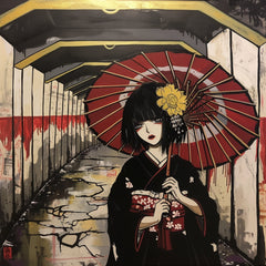 Japanese Geisha Art Digital Print, Modern Anime Wall Decor, Urban Street Artwork with Red Umbrella, Cultural Canvas Print, Unique Home Decor