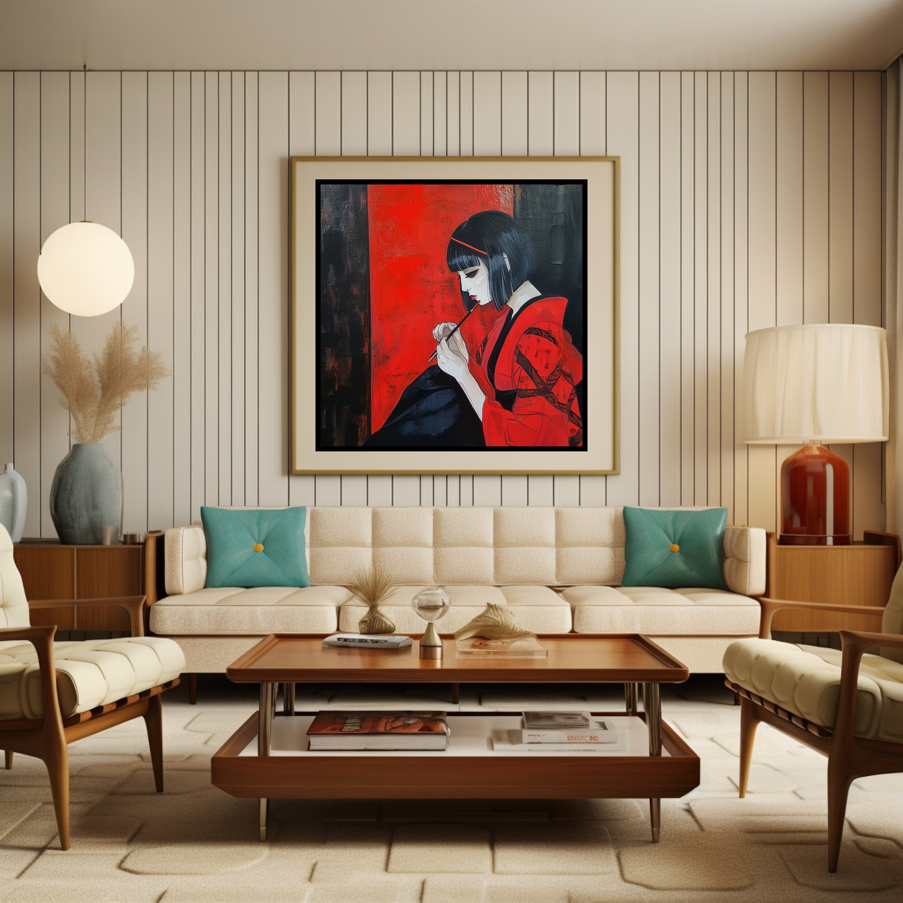 Modern Geisha Art Print, Digital Download, Japanese Wall Decor, Vibrant Red and Black, Asian Culture Home Decoration, Urban Style Artwork