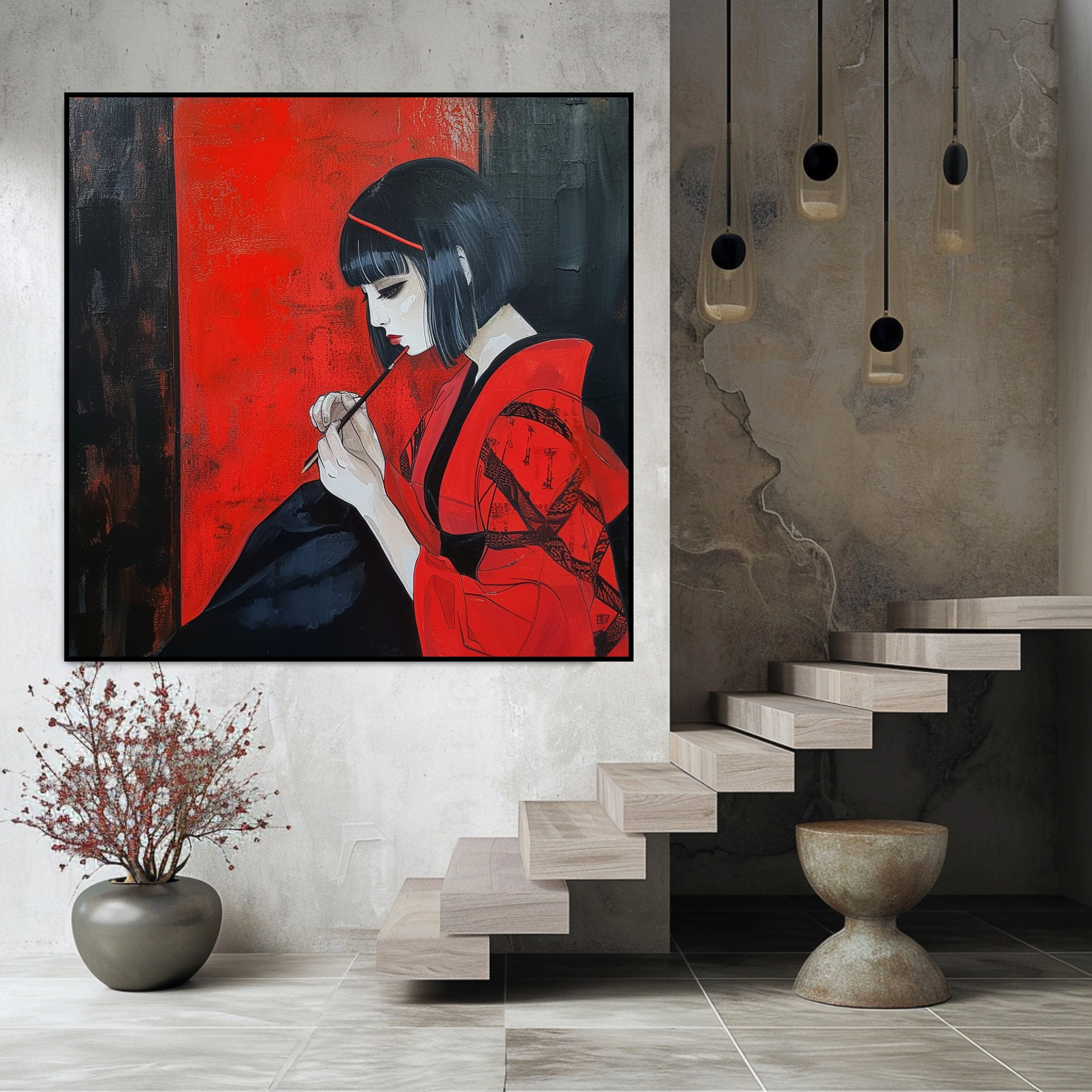 Modern Geisha Art Print, Digital Download, Japanese Wall Decor, Vibrant Red and Black, Asian Culture Home Decoration, Urban Style Artwork