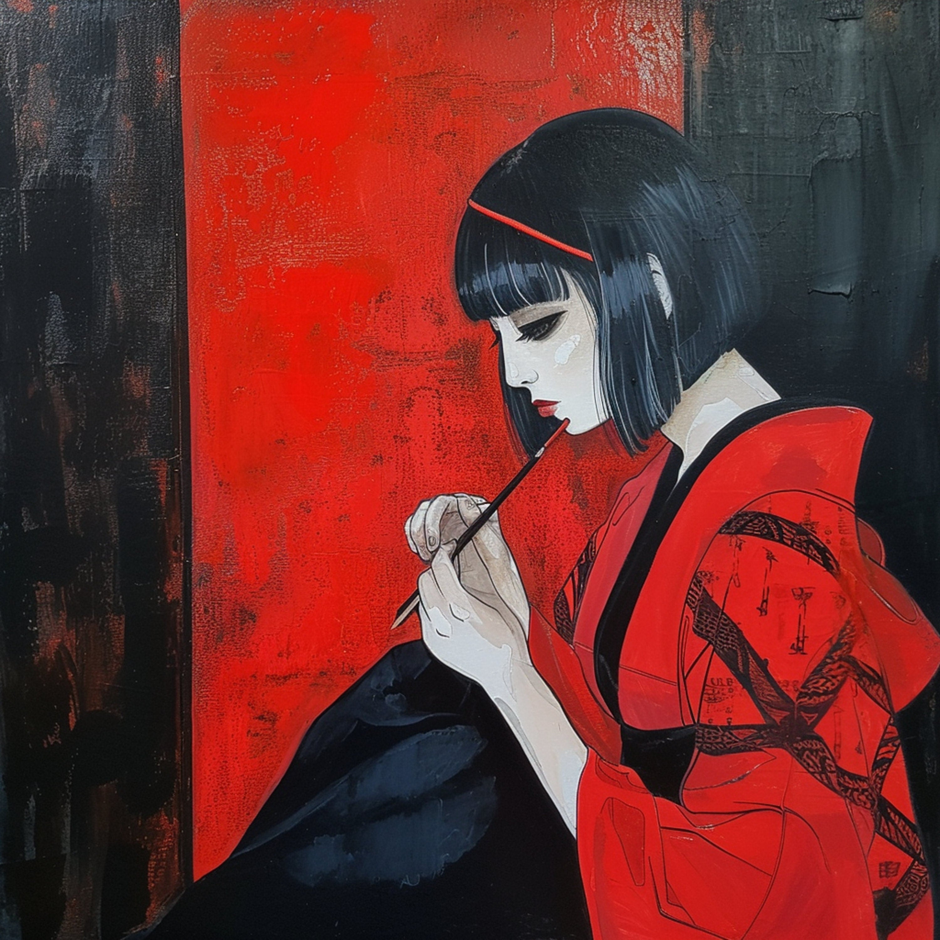 Modern Geisha Art Print, Digital Download, Japanese Wall Decor, Vibrant Red and Black, Asian Culture Home Decoration, Urban Style Artwork