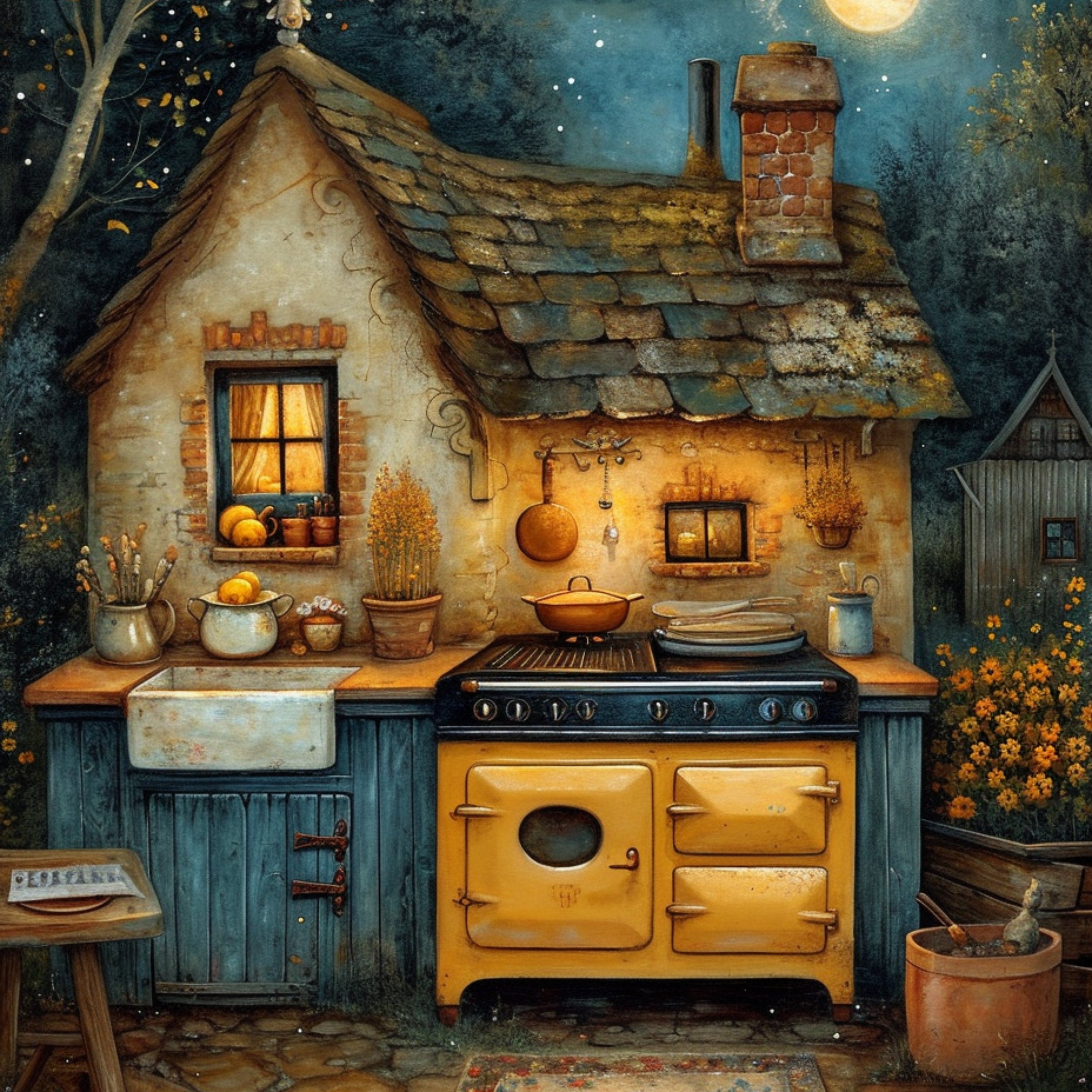 TWELVE Moonlit Landscape Painting, Starry Night Sky Wall Art, Rustic Home Decor, Fantasy Nature Scene, Digital Download Prints