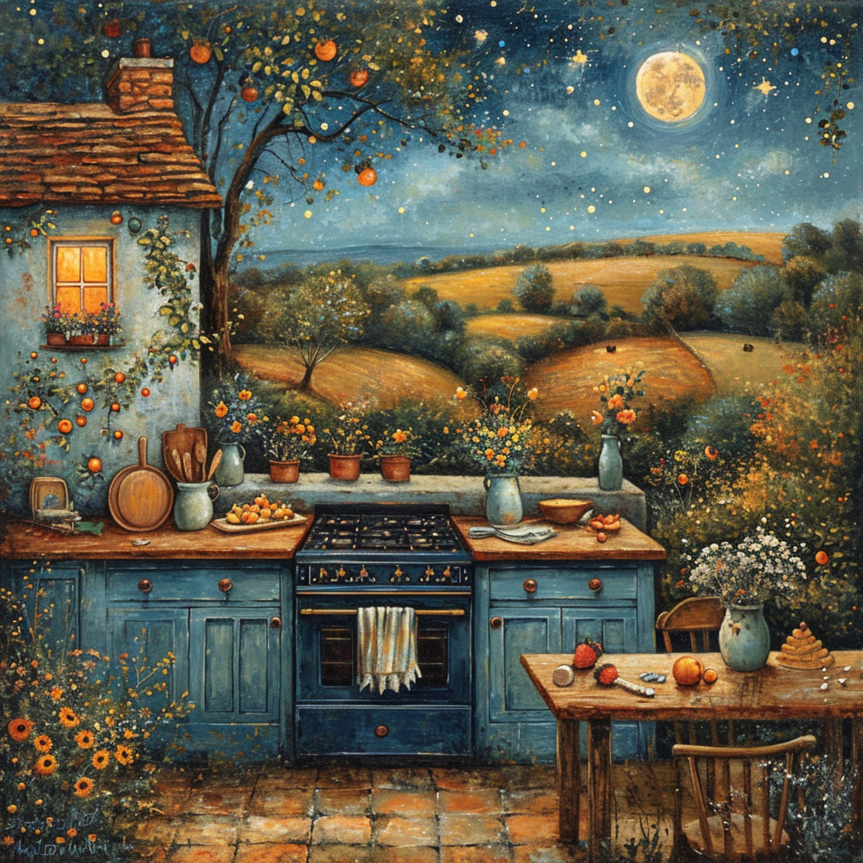TWELVE Moonlit Landscape Painting, Starry Night Sky Wall Art, Rustic Home Decor, Fantasy Nature Scene, Digital Download Prints