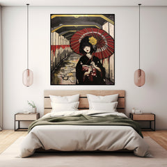Japanese Geisha Art Digital Print, Modern Anime Wall Decor, Urban Street Artwork with Red Umbrella, Cultural Canvas Print, Unique Home Decor