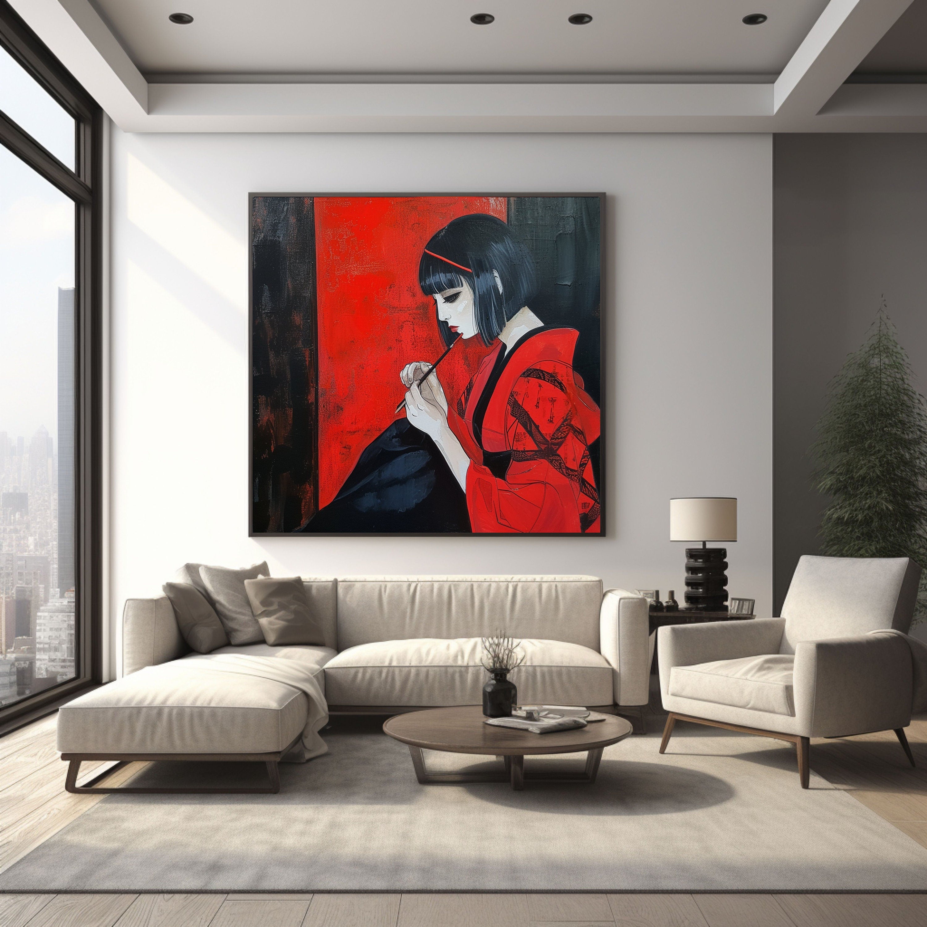 Modern Geisha Art Print, Digital Download, Japanese Wall Decor, Vibrant Red and Black, Asian Culture Home Decoration, Urban Style Artwork