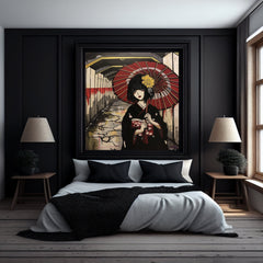 Japanese Geisha Art Digital Print, Modern Anime Wall Decor, Urban Street Artwork with Red Umbrella, Cultural Canvas Print, Unique Home Decor
