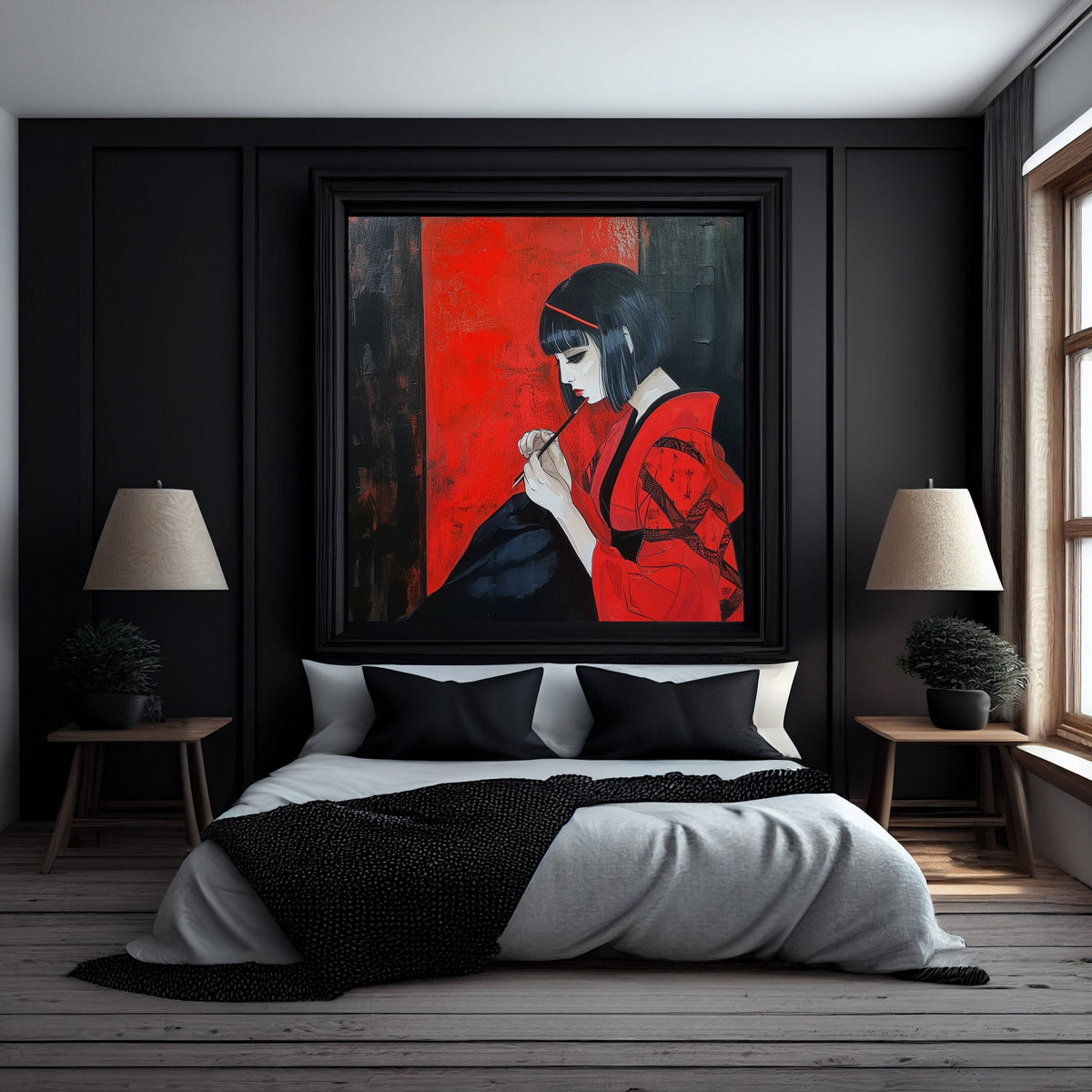 Modern Geisha Art Print, Digital Download, Japanese Wall Decor, Vibrant Red and Black, Asian Culture Home Decoration, Urban Style Artwork