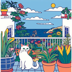 FIFTEEN Cat Garden Terrace Ocean View Pop Wall Art Mid Century Artwork Nieve Digital Prints Instant Download Large Square Artwork Home Decor
