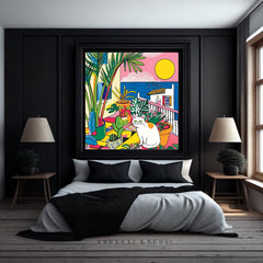FIFTEEN Cat Garden Terrace Ocean View Pop Wall Art Mid Century Artwork Nieve Digital Prints Instant Download Large Square Artwork Home Decor