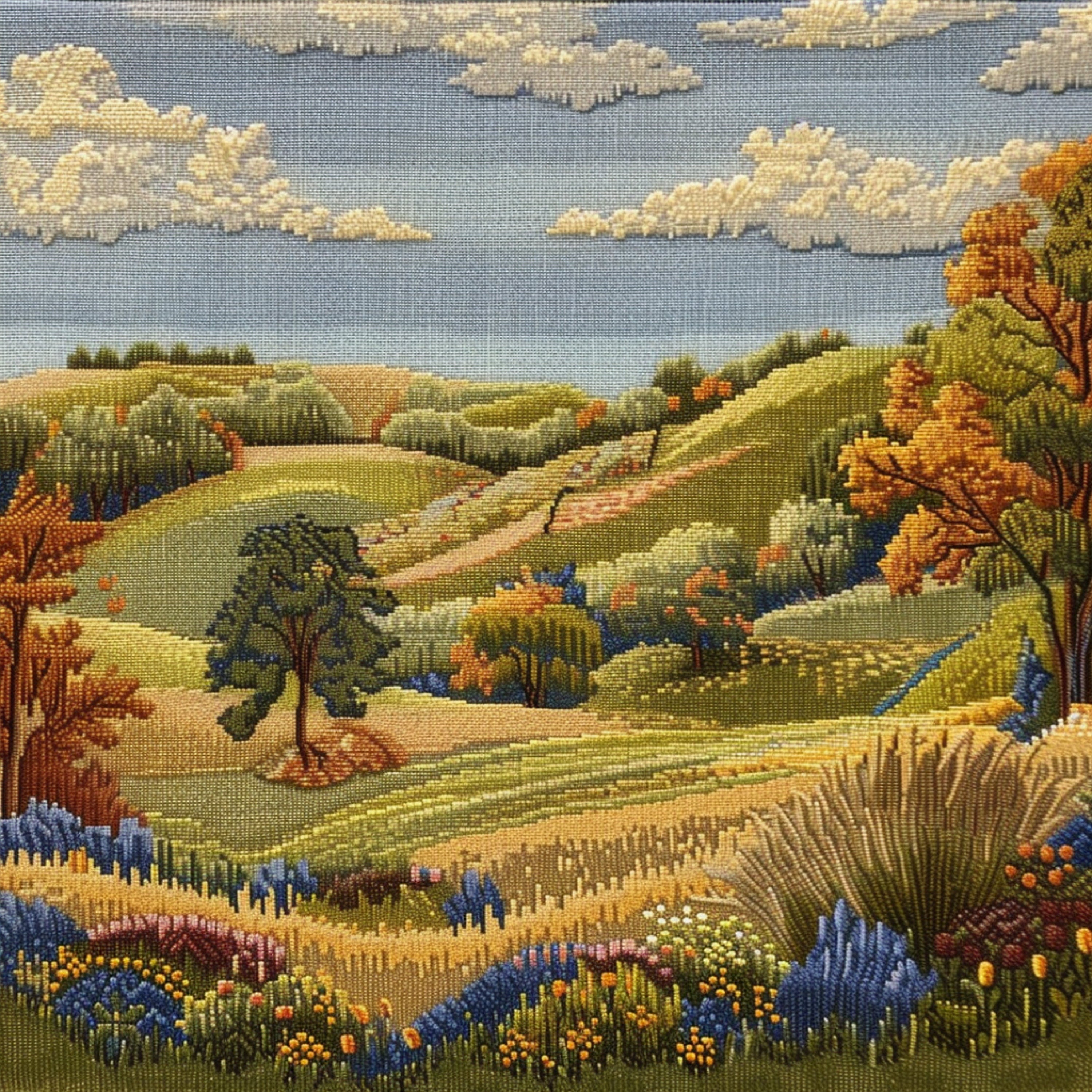 EIGHT Needlepoint Landscape Wall Art, Digital Print, Vibrant Nature Home Decor, Artistic Hillside Print, Unique Living Room Decoration