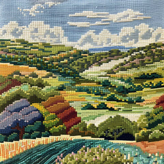 EIGHT Needlepoint Landscape Wall Art, Digital Print, Vibrant Nature Home Decor, Artistic Hillside Print, Unique Living Room Decoration