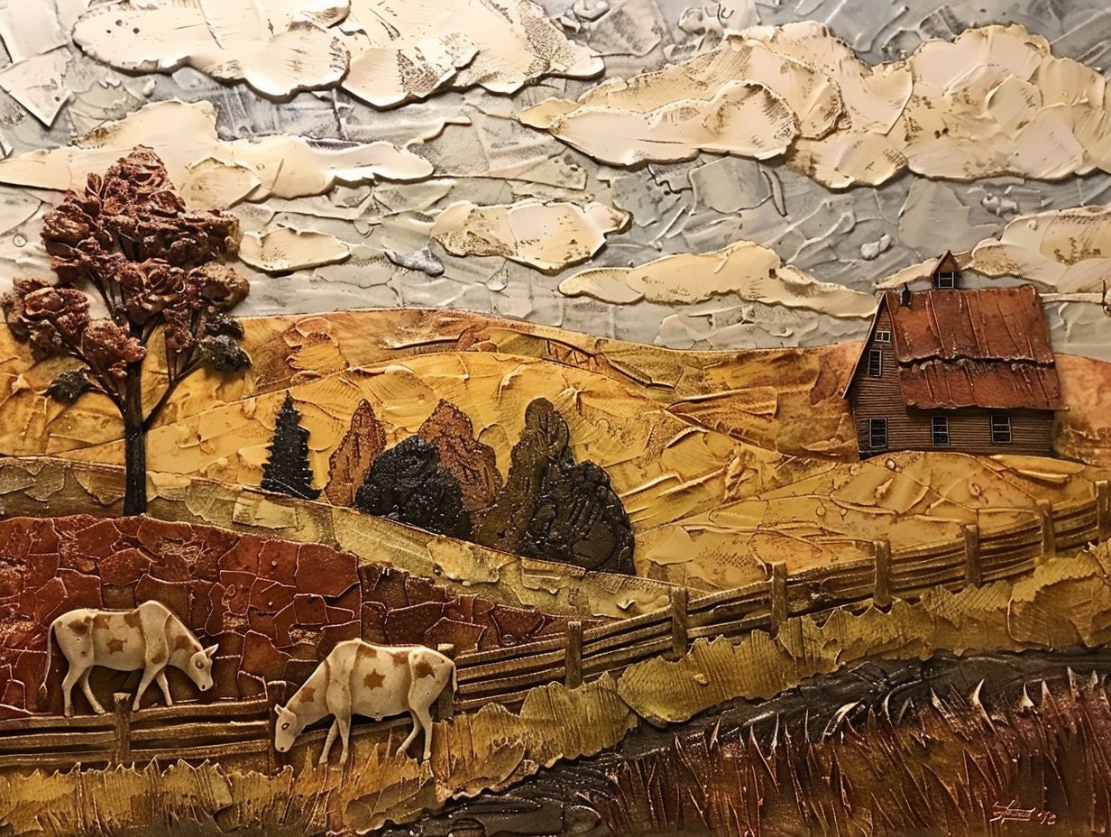Rustic Farm Landscape Wall Art, Textured Nature Scene Home Decor, Unique Relief Mountains and Trees Artwork, Digital Download