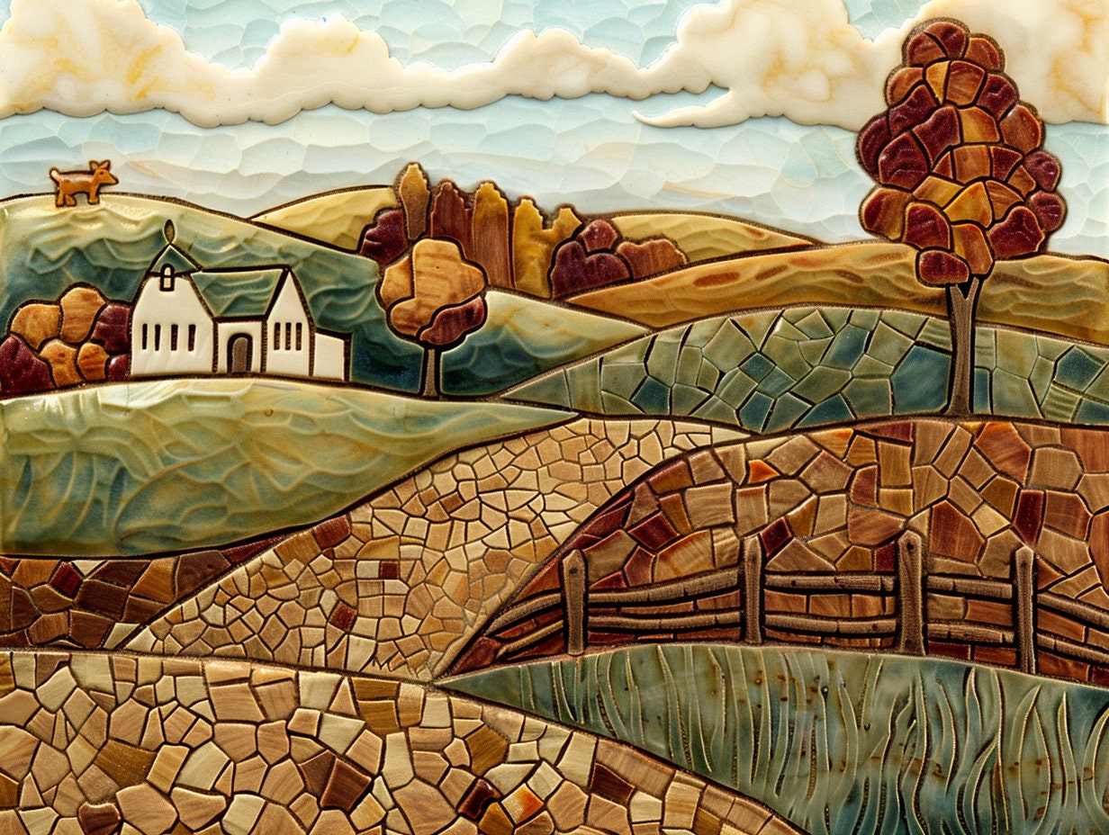 Rustic Farm Landscape Wall Art, Textured Nature Scene Home Decor, Unique Relief Mountains and Trees Artwork, Digital Download