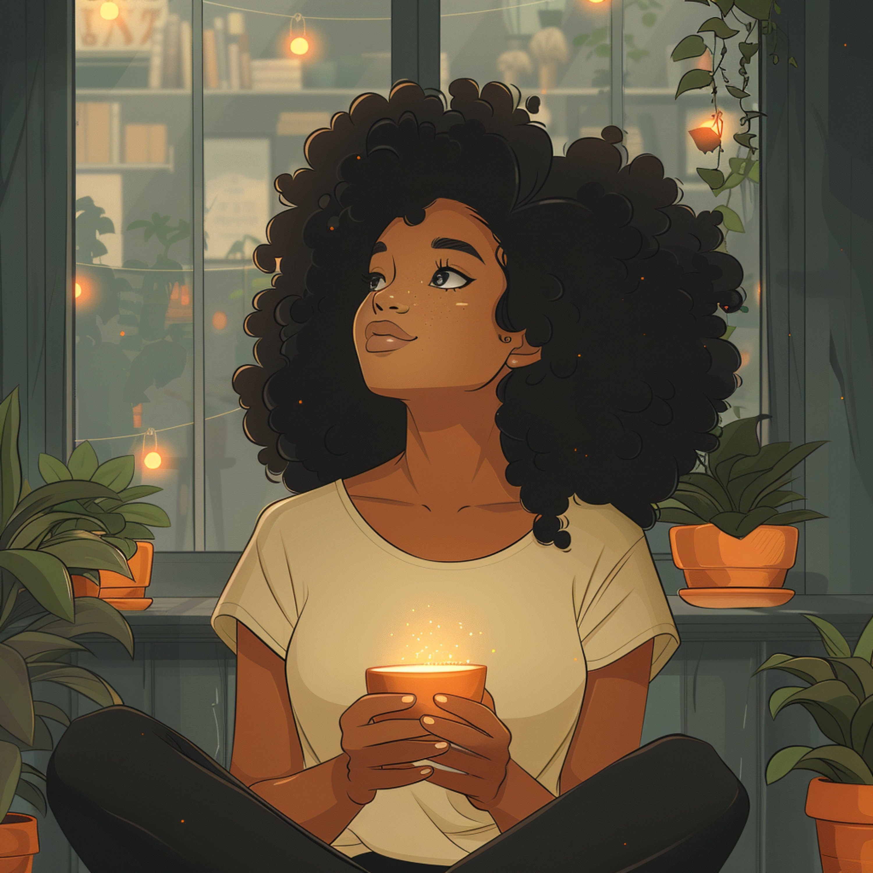 ELEVEN Tranquil Evening, Afro Woman Contemplating, Thinking Woman, Relaxing Home Decor Wall Art, Peaceful Meditation Art Print, Digital