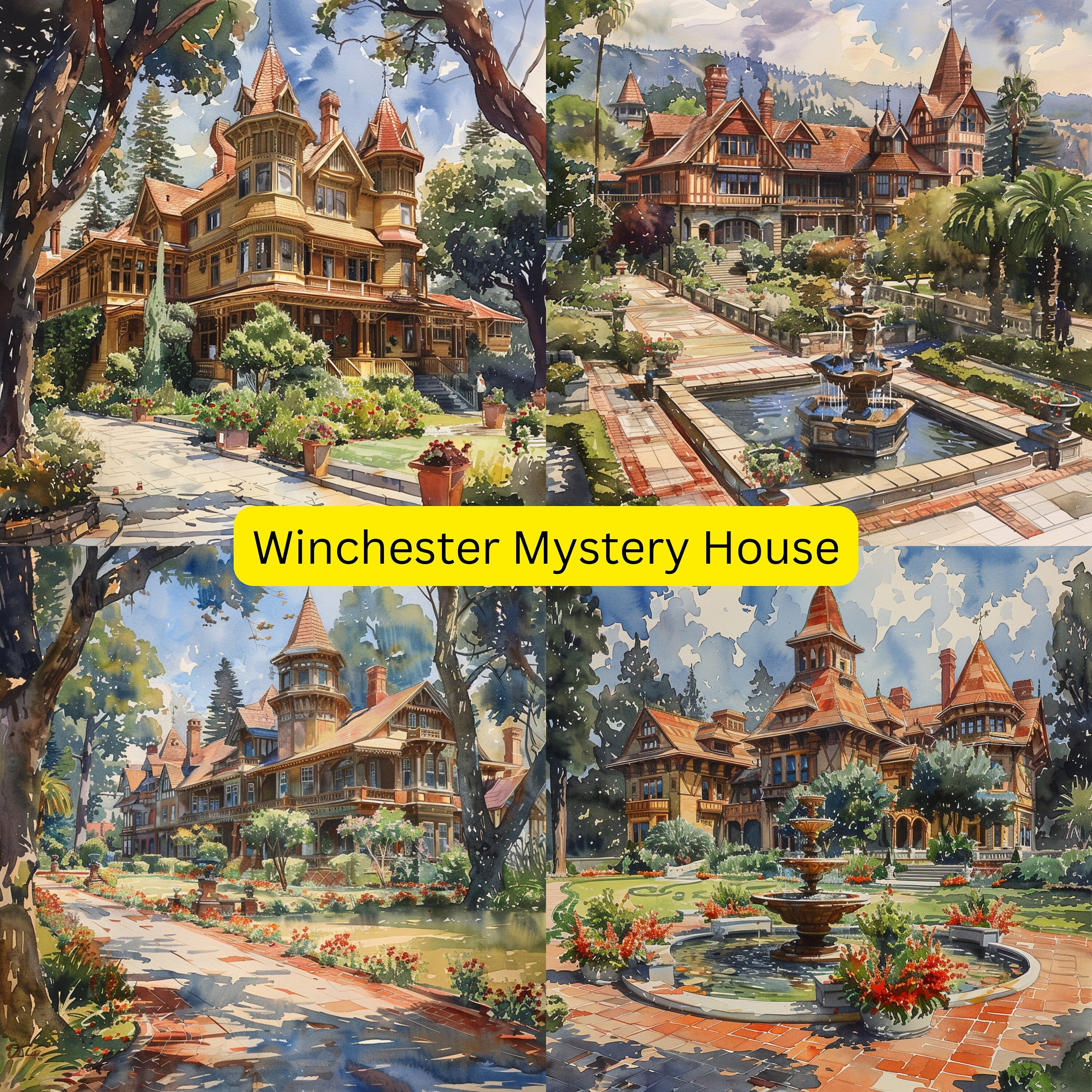 THIRTY SIX San Jose Places Of Interest Watercolor Digital Print Art Rose Garden Museum Flea Market Tech Mystery House, Santana Row, Wall Art