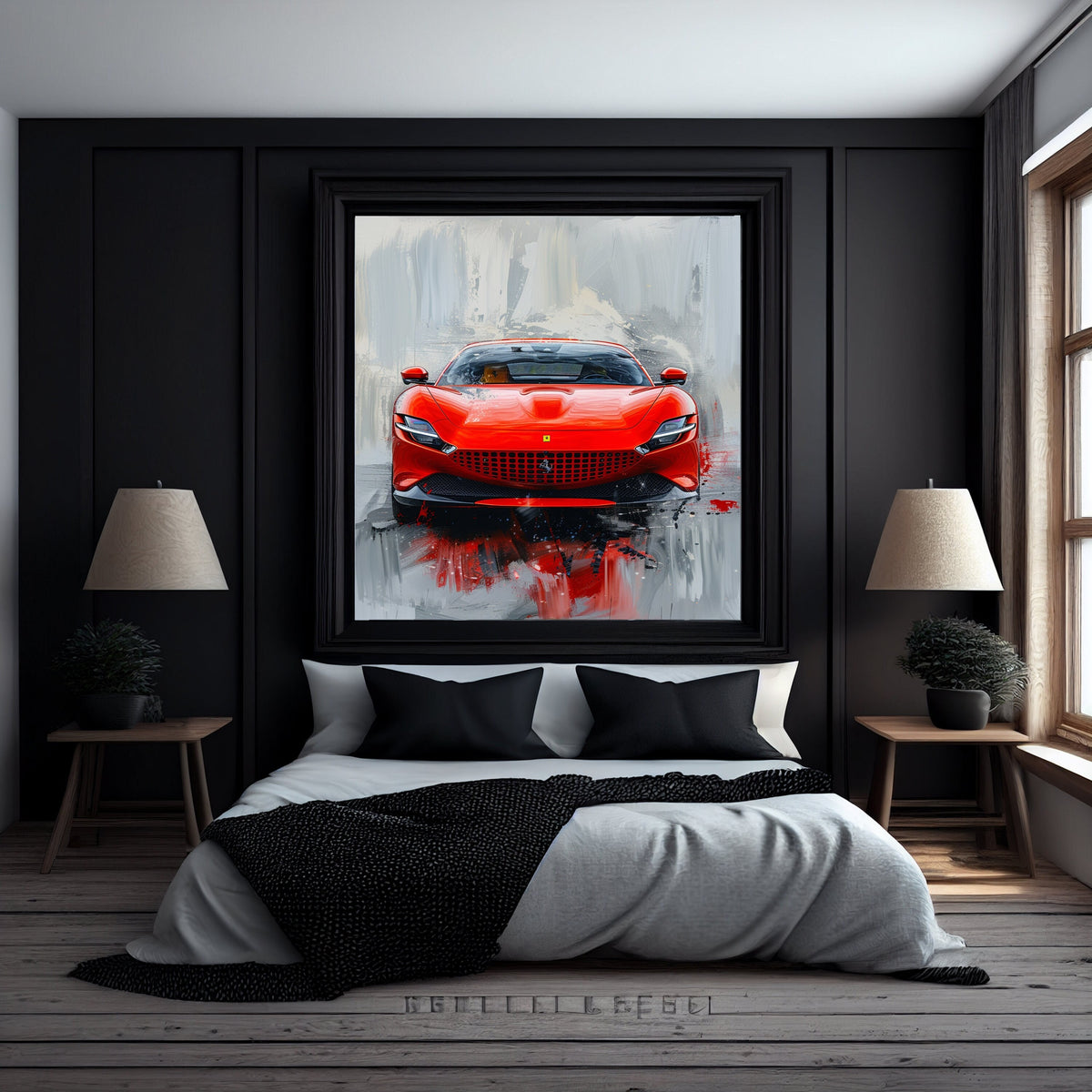 EIGHT Sports Car Canvas Art Digital Modern Abstract Ferrari Painting, Large Wall Decor Office Artwork Luxurious Automobile Print Red Vehicle