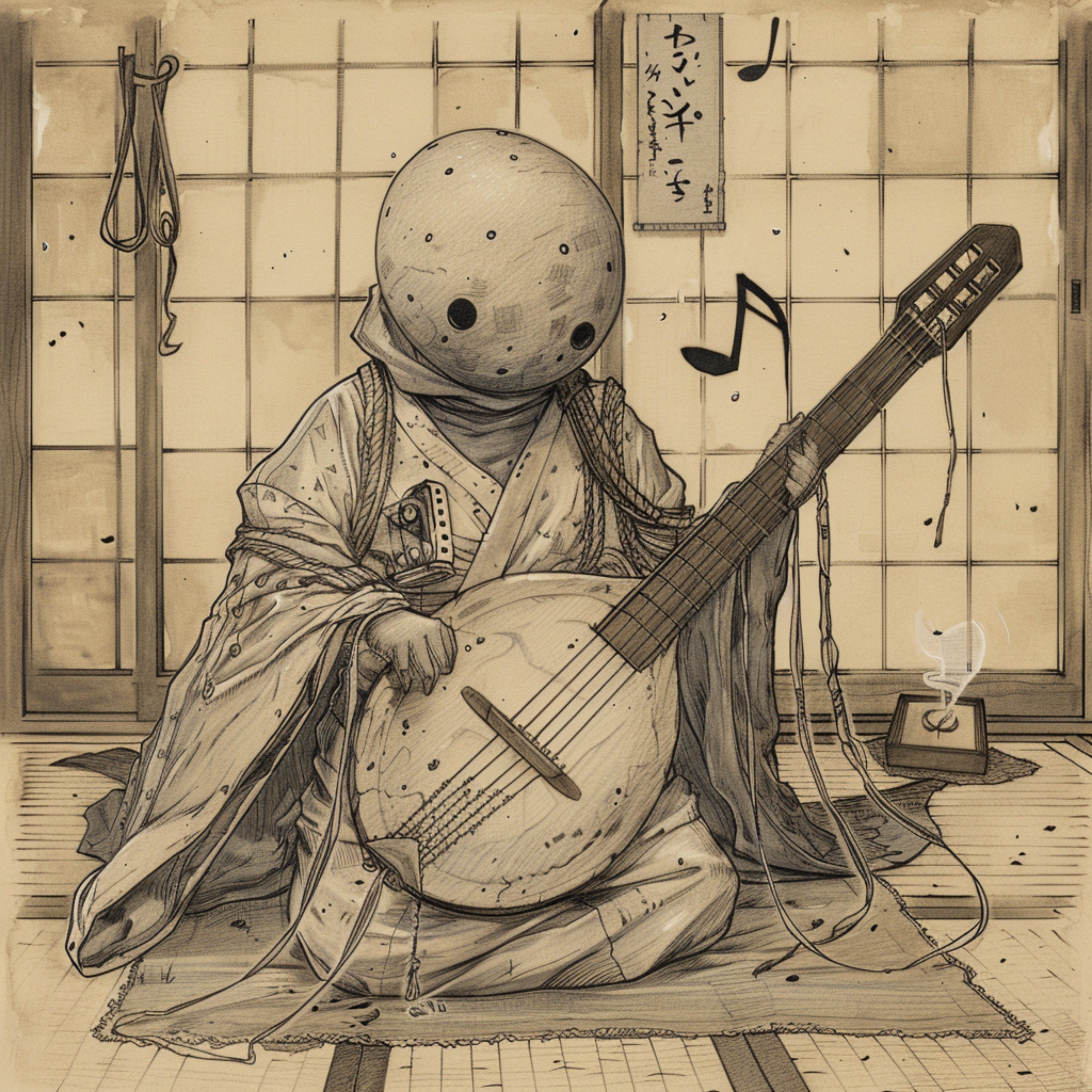 SIX Traditional Japanese Musician Art, Digital Download, Moon Head Figure with Shamisen, Vintage Style Wall Art, Biwi-bokuboku Tsukumogami