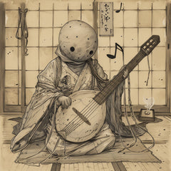 SIX Traditional Japanese Musician Art, Digital Download, Moon Head Figure with Shamisen, Vintage Style Wall Art, Biwi-bokuboku Tsukumogami