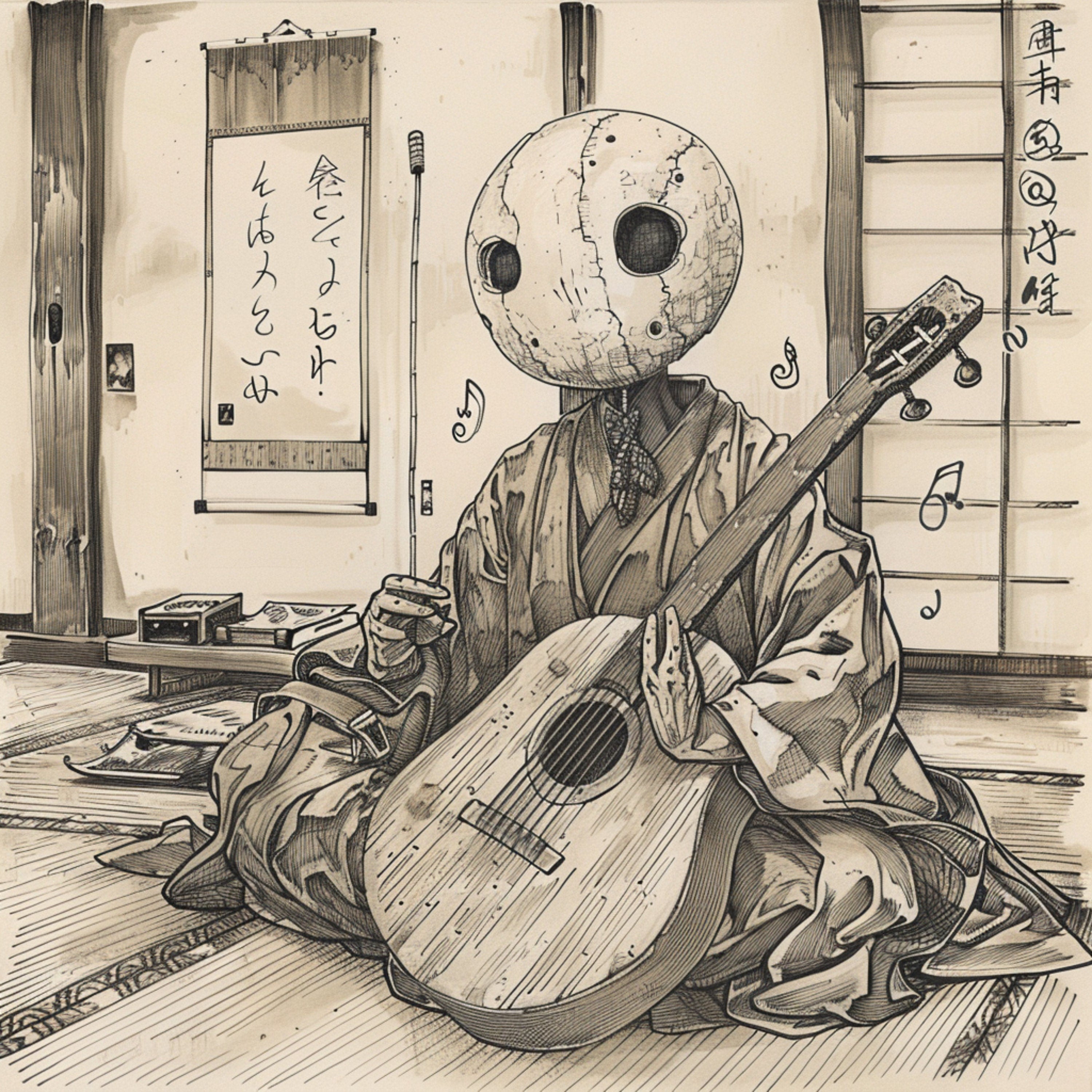 SIX Traditional Japanese Musician Art, Digital Download, Moon Head Figure with Shamisen, Vintage Style Wall Art, Biwi-bokuboku Tsukumogami