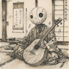SIX Traditional Japanese Musician Art, Digital Download, Moon Head Figure with Shamisen, Vintage Style Wall Art, Biwi-bokuboku Tsukumogami