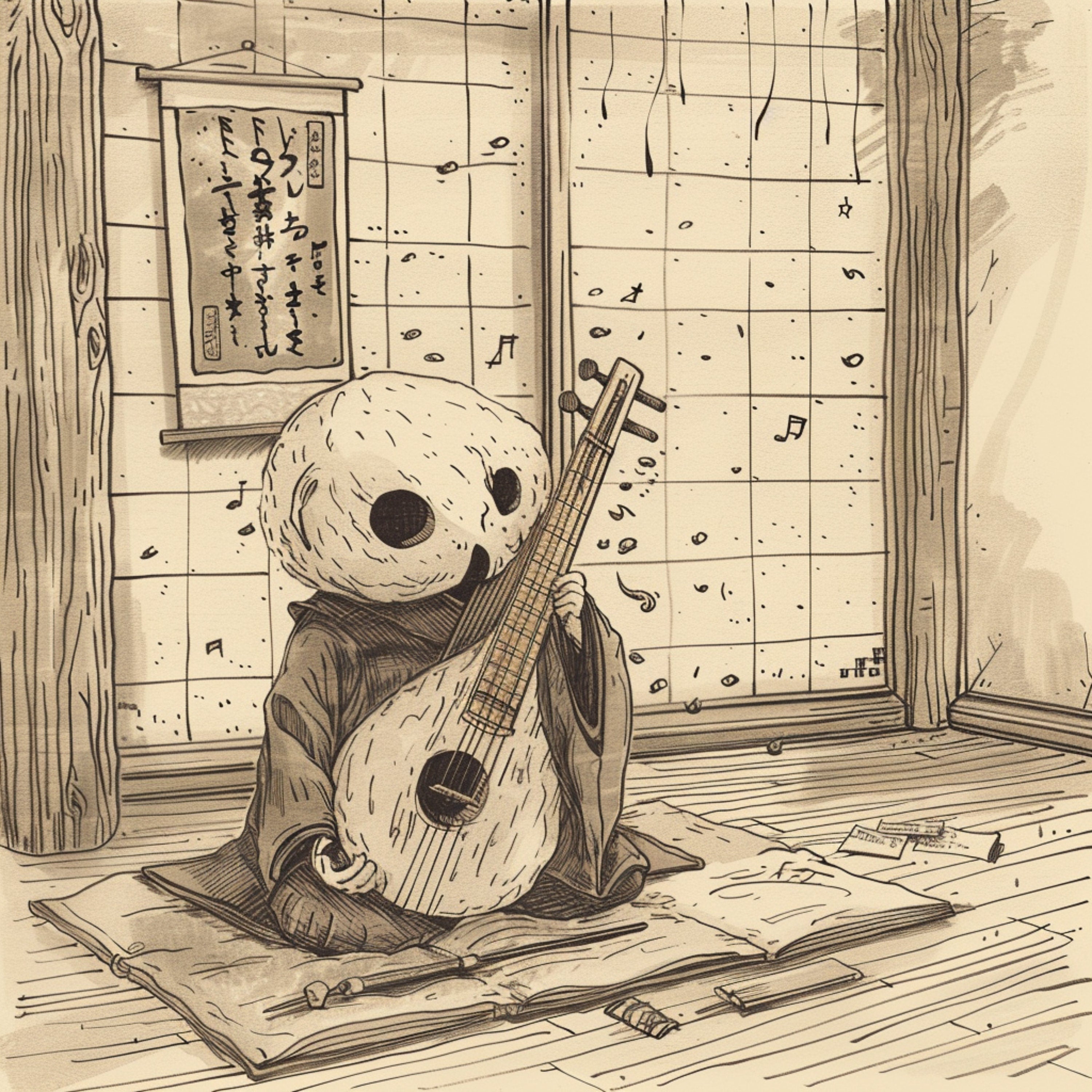 SIX Traditional Japanese Musician Art, Digital Download, Moon Head Figure with Shamisen, Vintage Style Wall Art, Biwi-bokuboku Tsukumogami