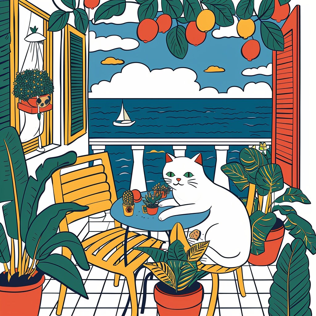 FIFTEEN Cat Garden Terrace Ocean View Pop Wall Art Mid Century Artwork Nieve Digital Prints Instant Download Large Square Artwork Home Decor