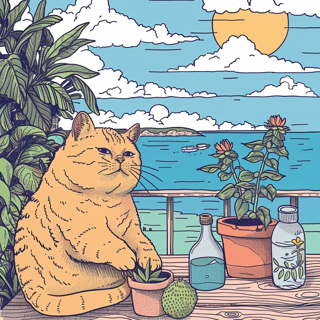 FIFTEEN Cat Garden Terrace Ocean View Pop Wall Art Mid Century Artwork Nieve Digital Prints Instant Download Large Square Artwork Home Decor