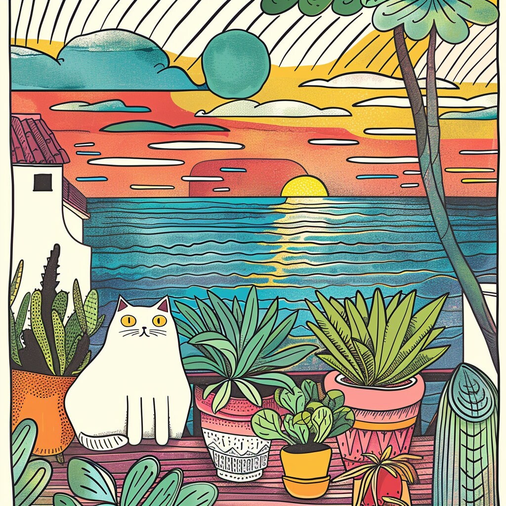FIFTEEN Cat Garden Terrace Ocean View Pop Wall Art Mid Century Artwork Nieve Digital Prints Instant Download Large Square Artwork Home Decor