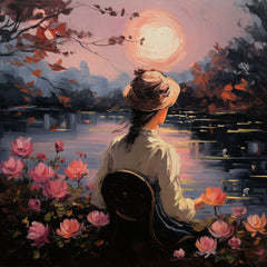 EIGHT Impressionist Lake Scene Painting, Digital Prints, Woman in Hat, Floral Waterfront Canvas Art Picturesque Evening Landscape Wall Decor